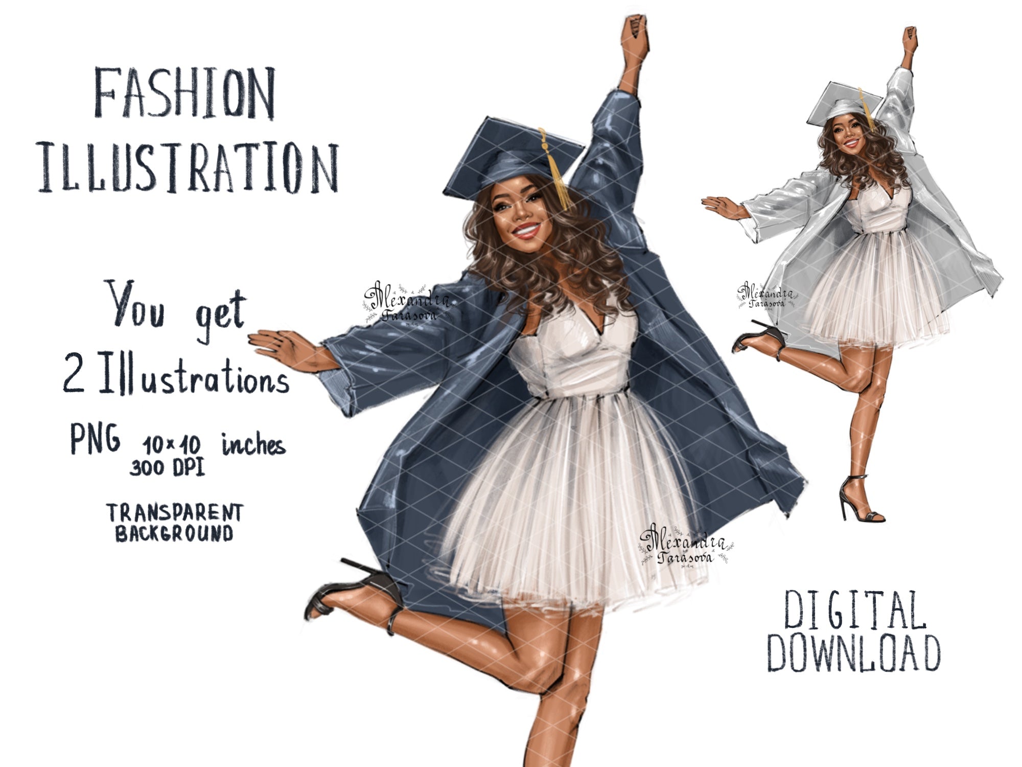 Digital Watercolor Illustration Fashion Girl Graduation Dress Printable Art African American Drawing Sketch Black Girl Png Files