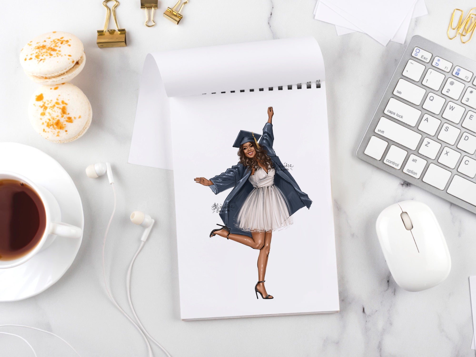 Digital Watercolor Illustration Fashion Girl Graduation Dress Printable Art African American Drawing Sketch Black Girl Png Files