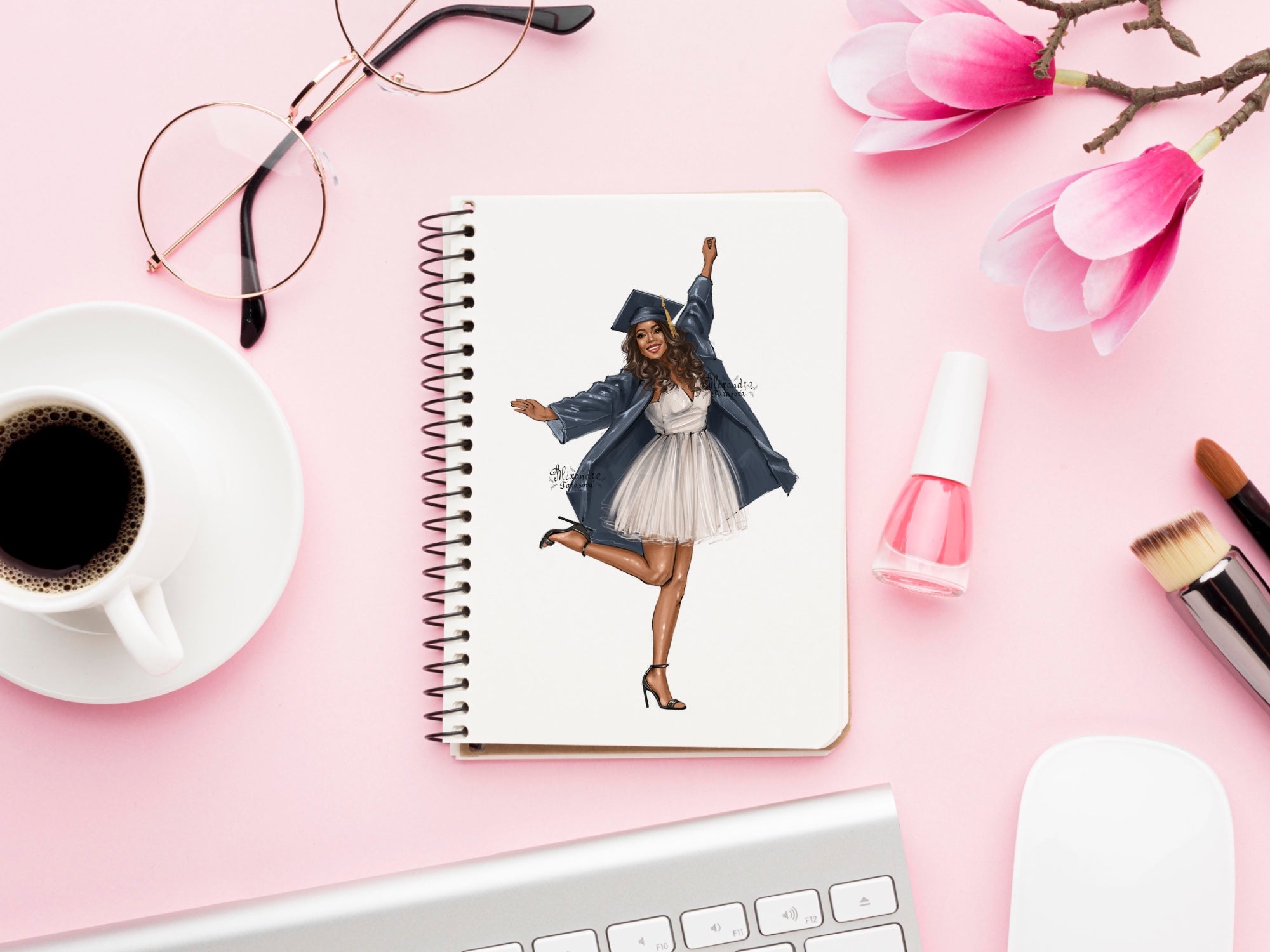 Digital Watercolor Illustration Fashion Girl Graduation Dress Printable Art African American Drawing Sketch Black Girl Png Files