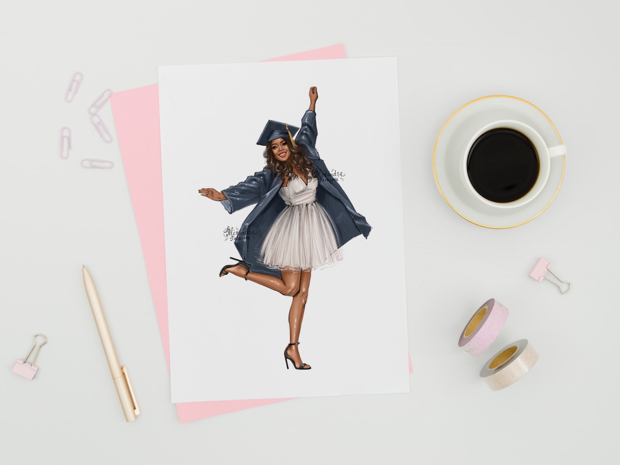 Digital Watercolor Illustration Fashion Girl Graduation Dress Printable Art African American Drawing Sketch Black Girl Png Files