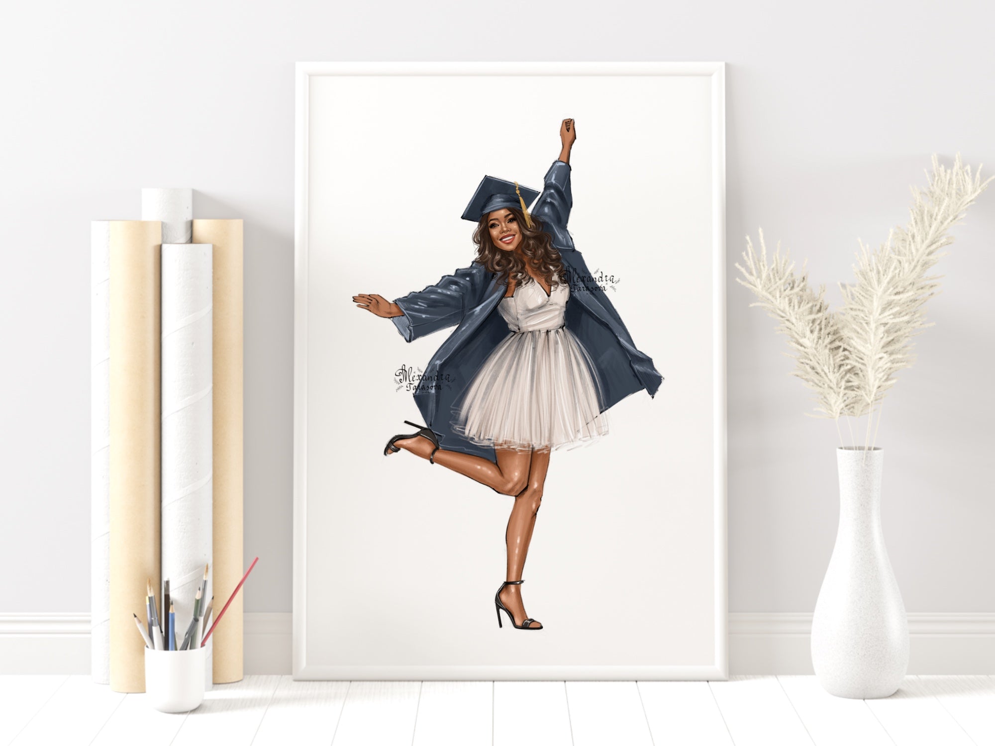 Digital Watercolor Illustration Fashion Girl Graduation Dress Printable Art African American Drawing Sketch Black Girl Png Files