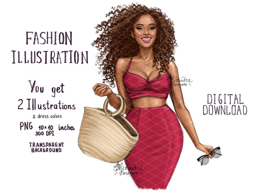 Digital Watercolor Illustration Fashion Girl African American Women Summer Holiday Stylish Dress Printable Art Black Girl Clipart Png Files