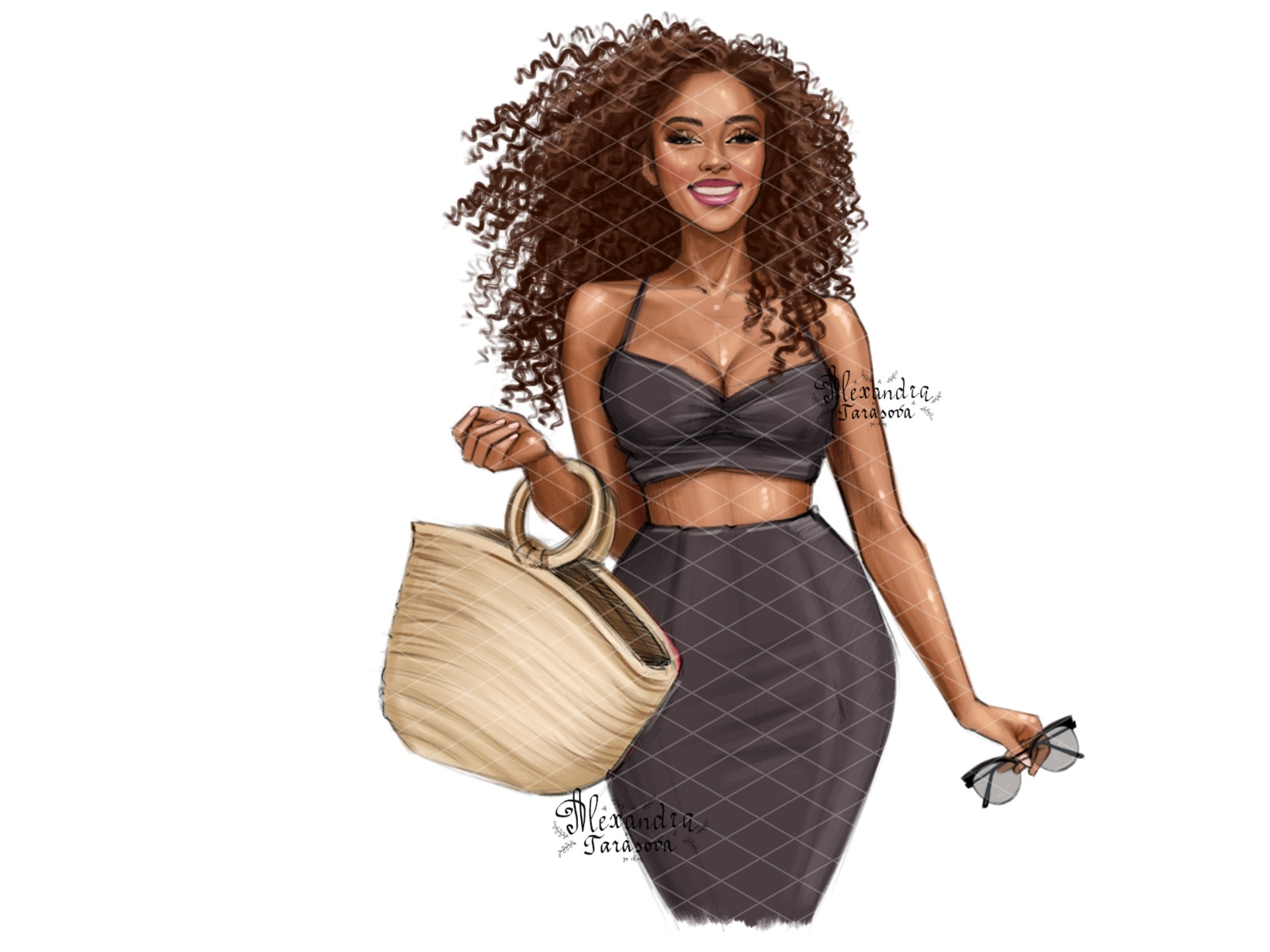 Digital Watercolor Illustration Fashion Girl African American Women Summer Holiday Stylish Dress Printable Art Black Girl Clipart Png Files
