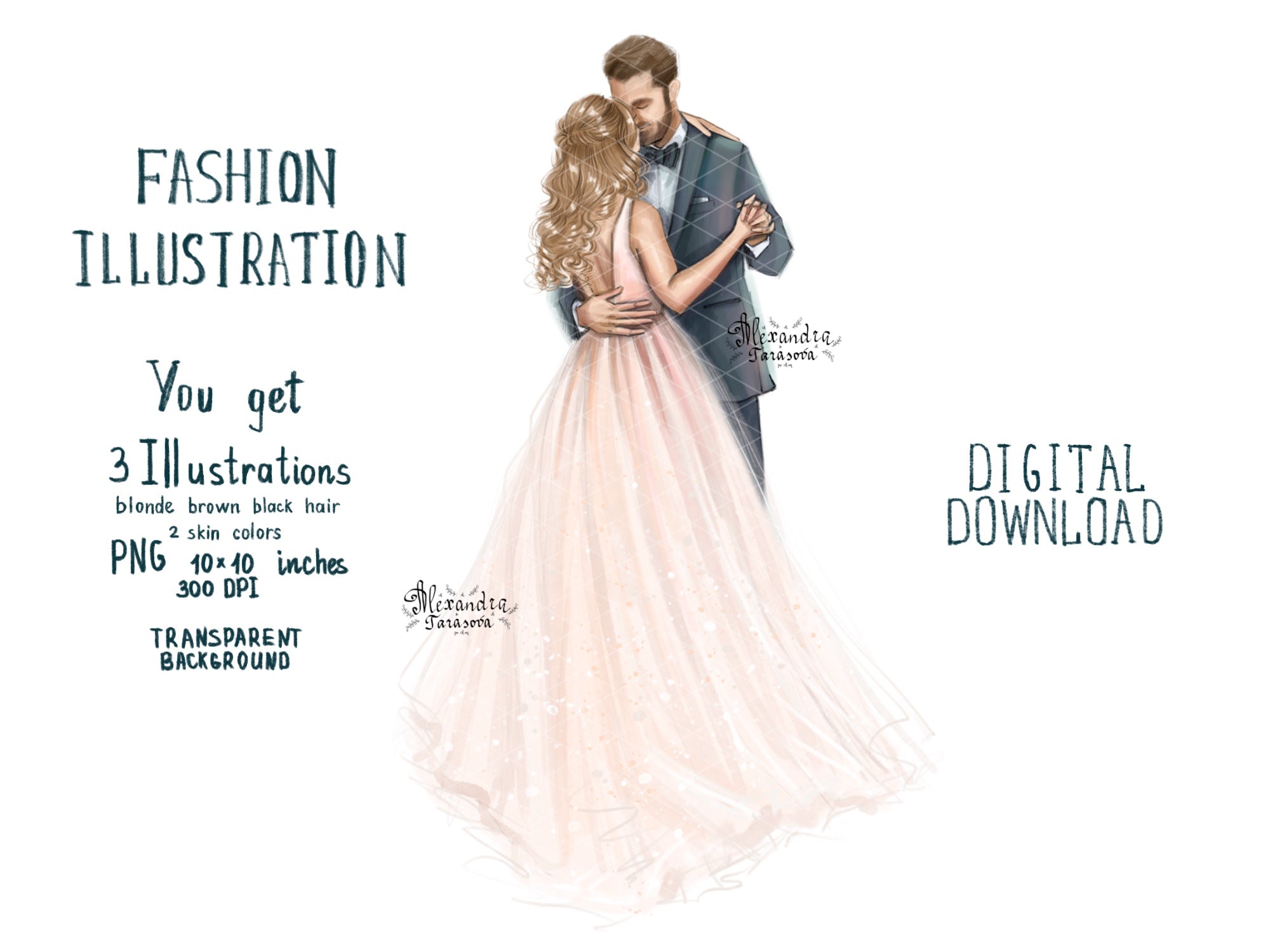 Digital Watercolor Illustration Wedding Drawing Bride and Groom Wedding Dress Printable Art