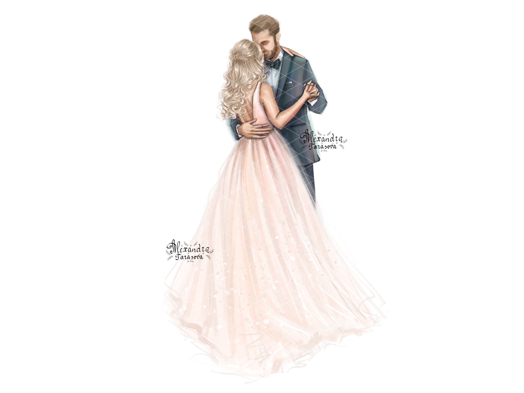 Digital Watercolor Illustration Wedding Drawing Bride and Groom Wedding Dress Printable Art