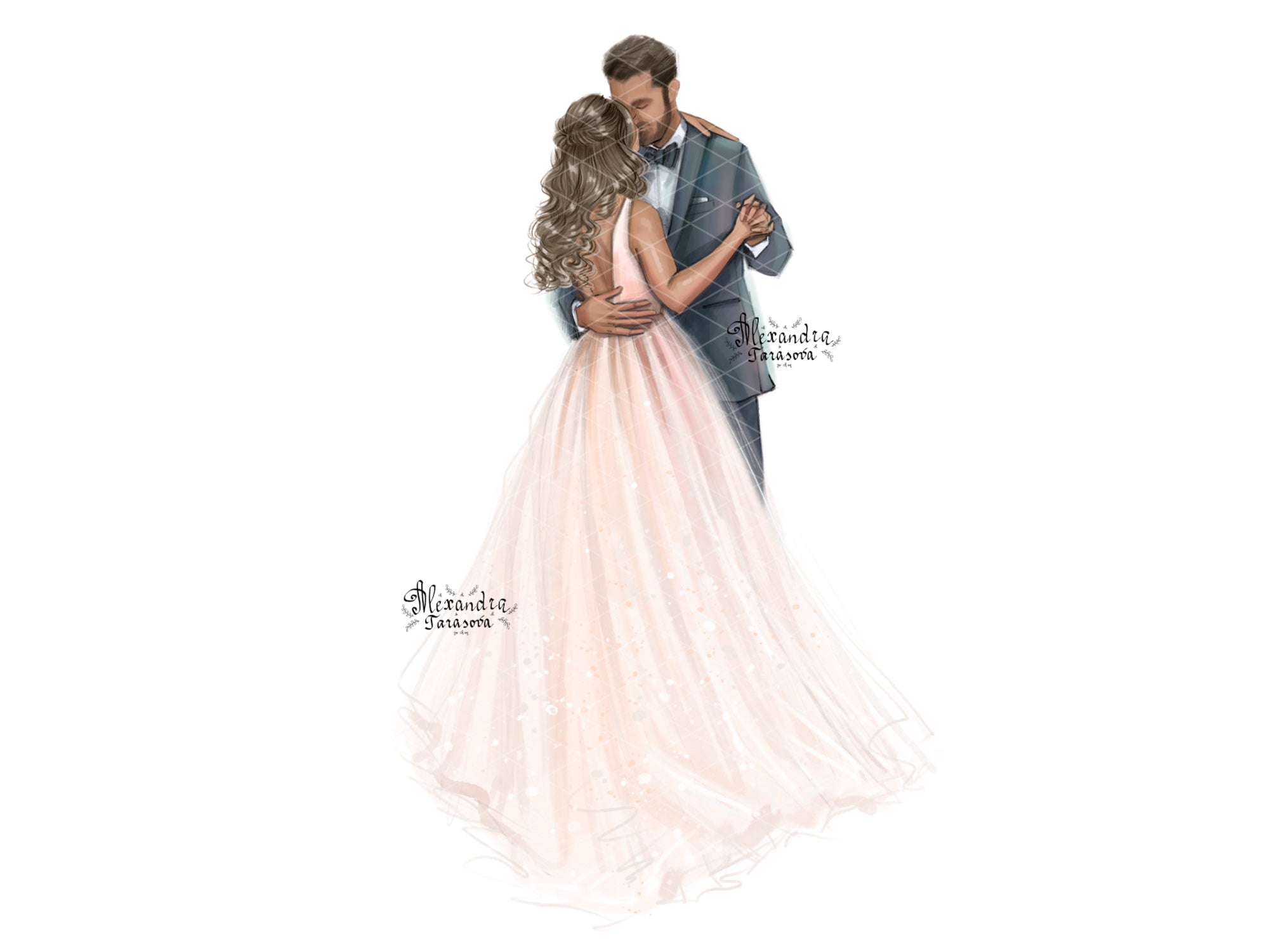 Digital Watercolor Illustration Wedding Drawing Bride and Groom Wedding Dress Printable Art