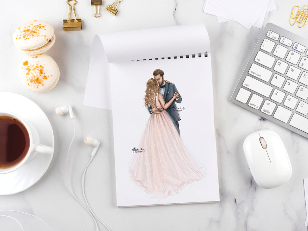 Digital Watercolor Illustration Wedding Drawing Bride and Groom Wedding Dress Printable Art