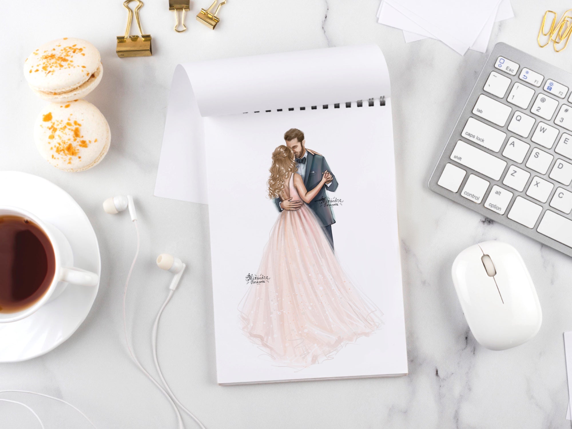 Digital Watercolor Illustration Wedding Drawing Bride and Groom Wedding Dress Printable Art