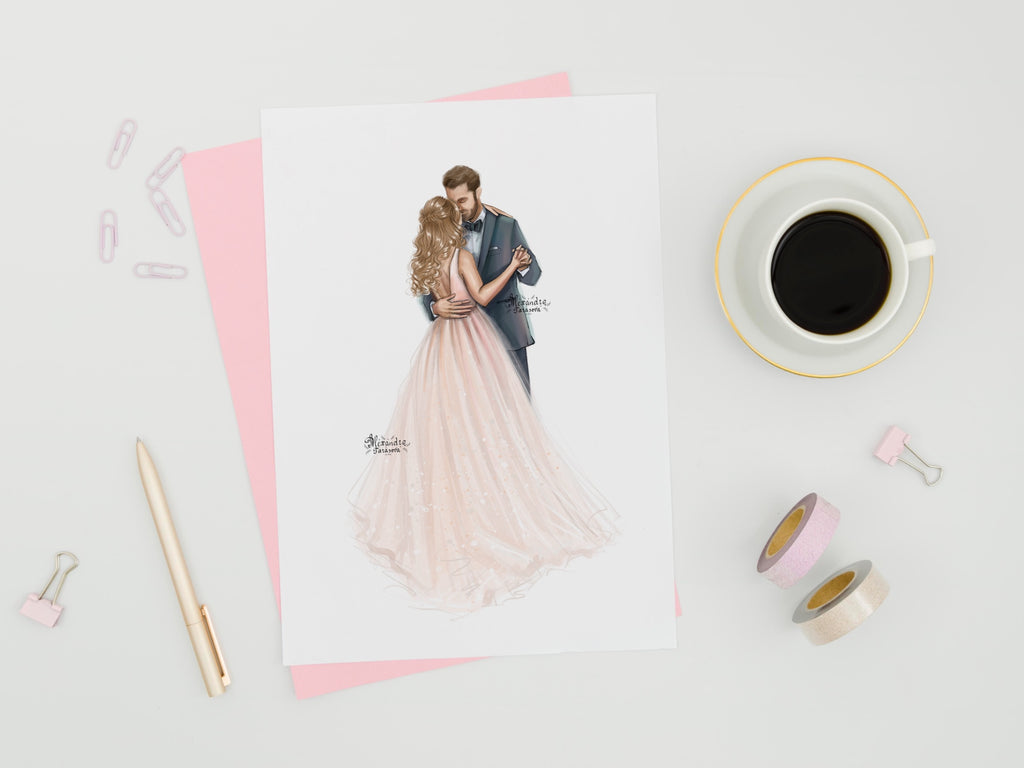 Digital Watercolor Illustration Wedding Drawing Bride and Groom Wedding Dress Printable Art