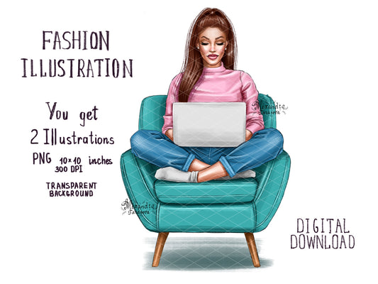 Digital Watercolor Illustration Fashion Girl Laptop Trendy Chair Printable Art Hand Drawn Illustration Clipart Stickers