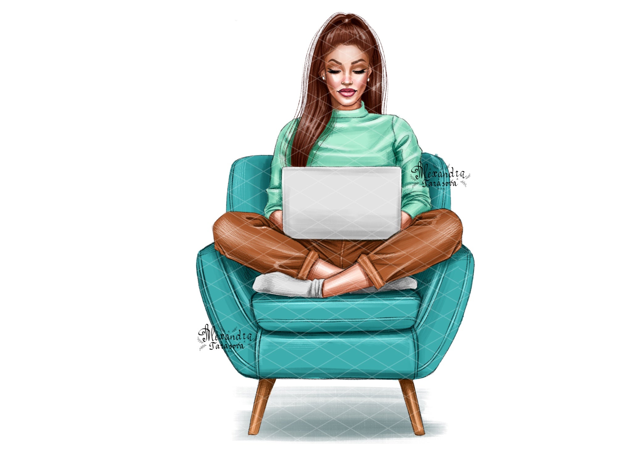 Digital Watercolor Illustration Fashion Girl Laptop Trendy Chair Printable Art Hand Drawn Illustration Clipart Stickers