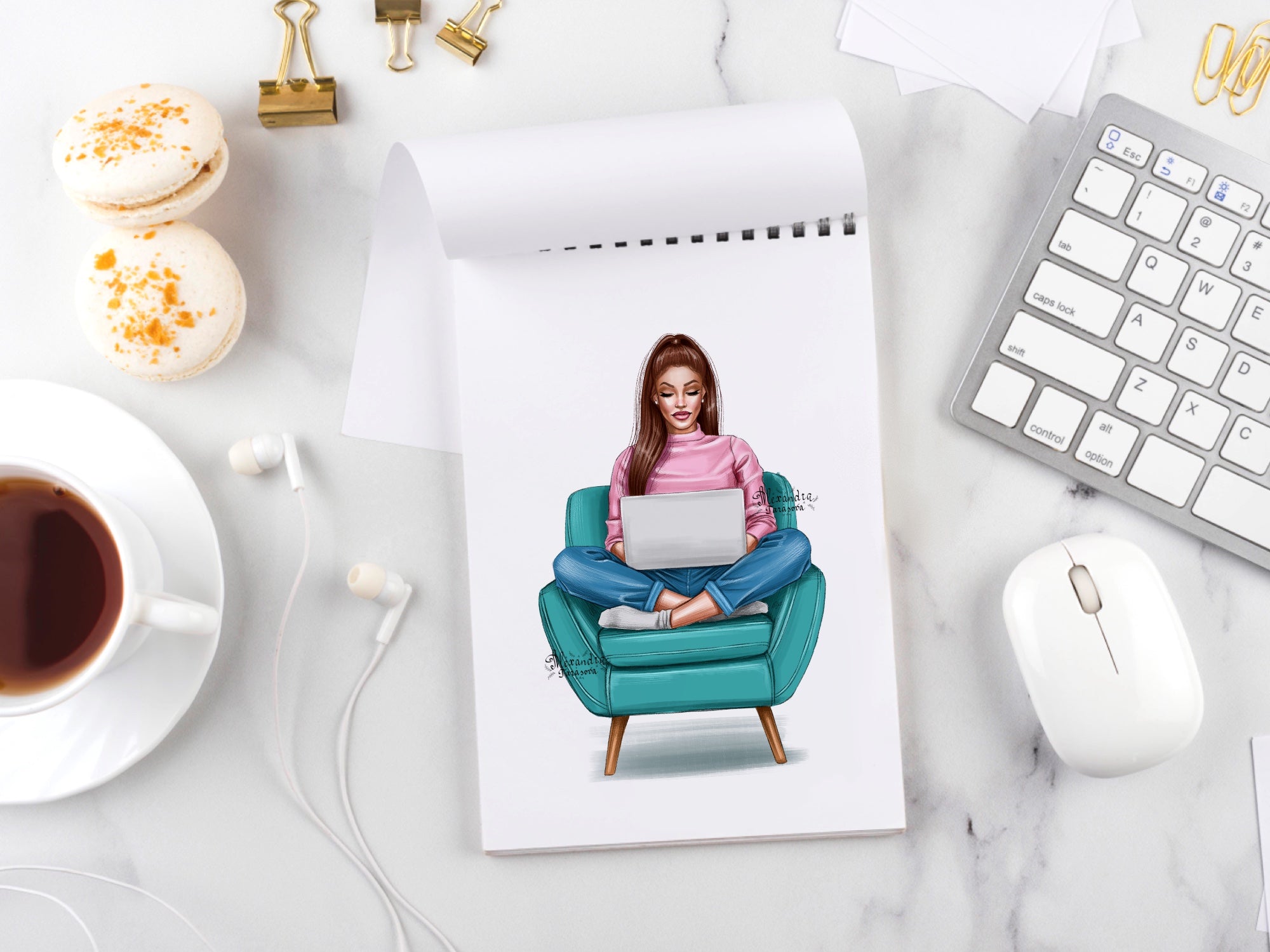 Digital Watercolor Illustration Fashion Girl Laptop Trendy Chair Printable Art Hand Drawn Illustration Clipart Stickers