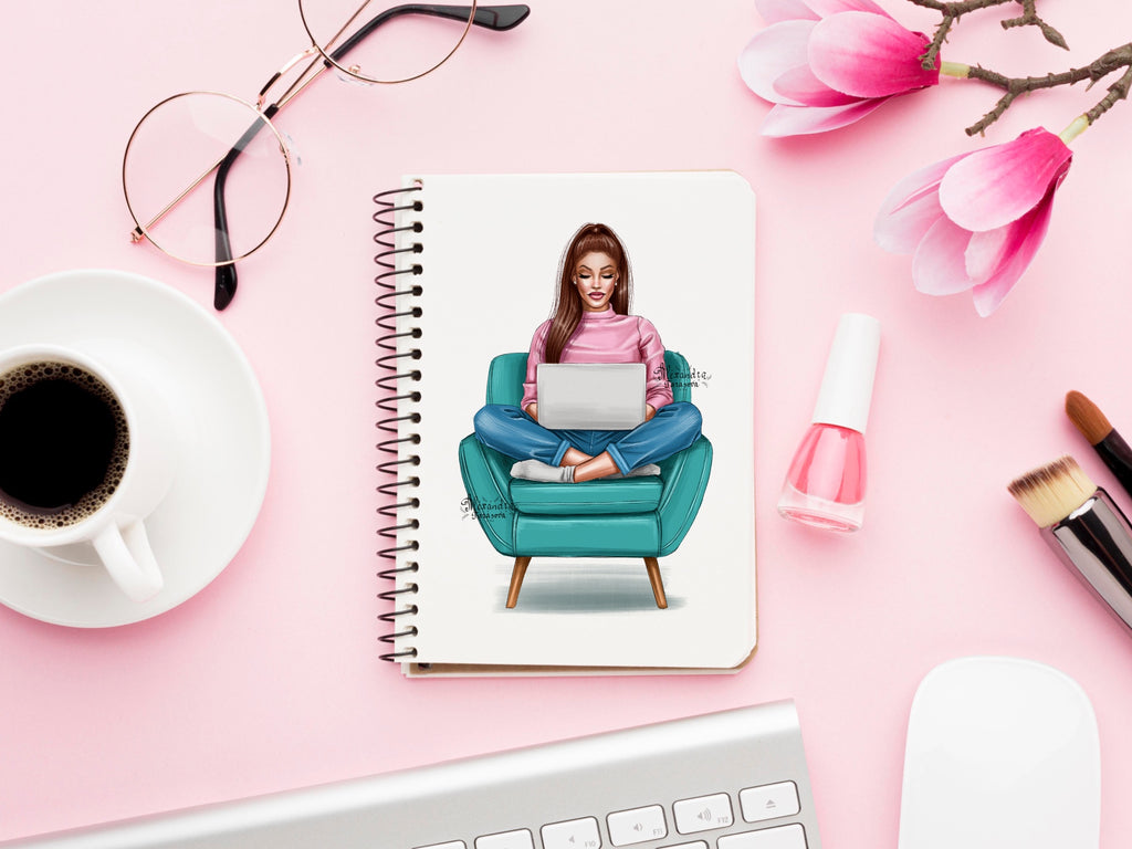 Digital Watercolor Illustration Fashion Girl Laptop Trendy Chair Printable Art Hand Drawn Illustration Clipart Stickers