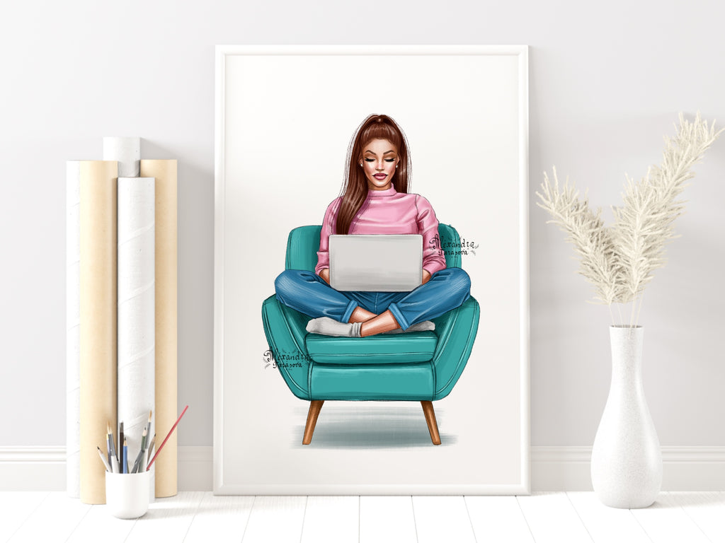 Digital Watercolor Illustration Fashion Girl Laptop Trendy Chair Printable Art Hand Drawn Illustration Clipart Stickers