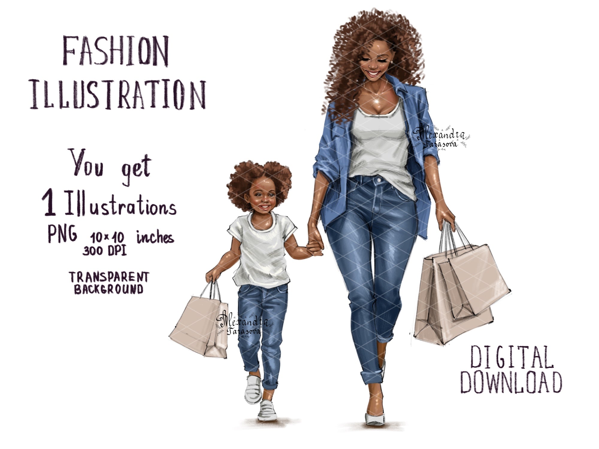 Digital Watercolor Illustration Fashion Mother Clipart Blue Jeans White T-shirt Printable Art Hand Drawn Sketch Planner Design