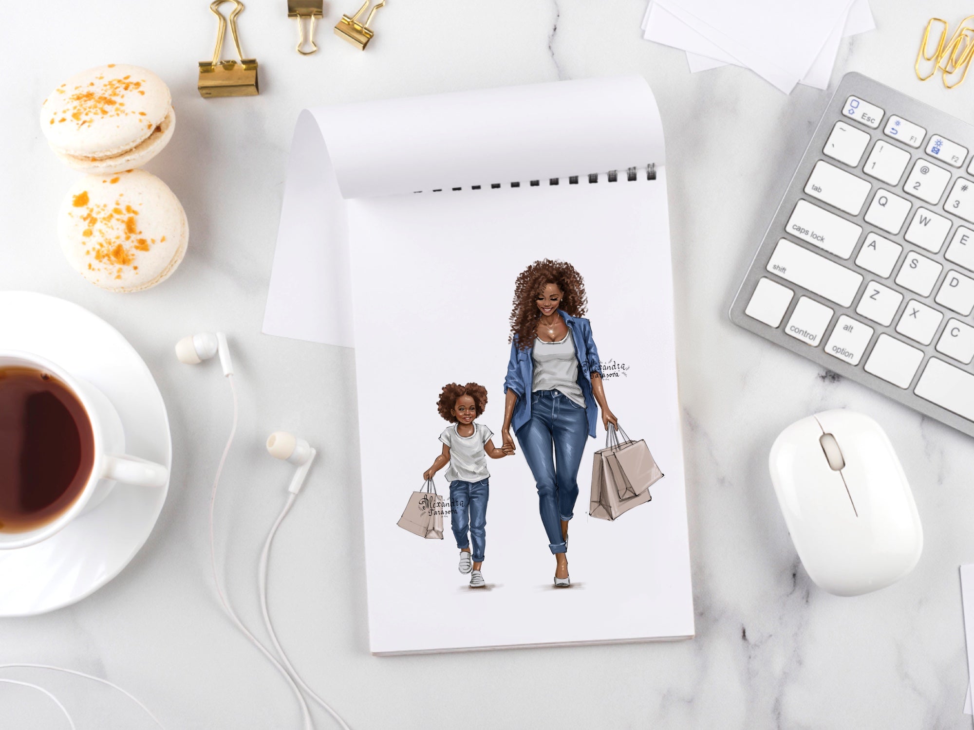 Digital Watercolor Illustration Fashion Mother Clipart Blue Jeans White T-shirt Printable Art Hand Drawn Sketch Planner Design