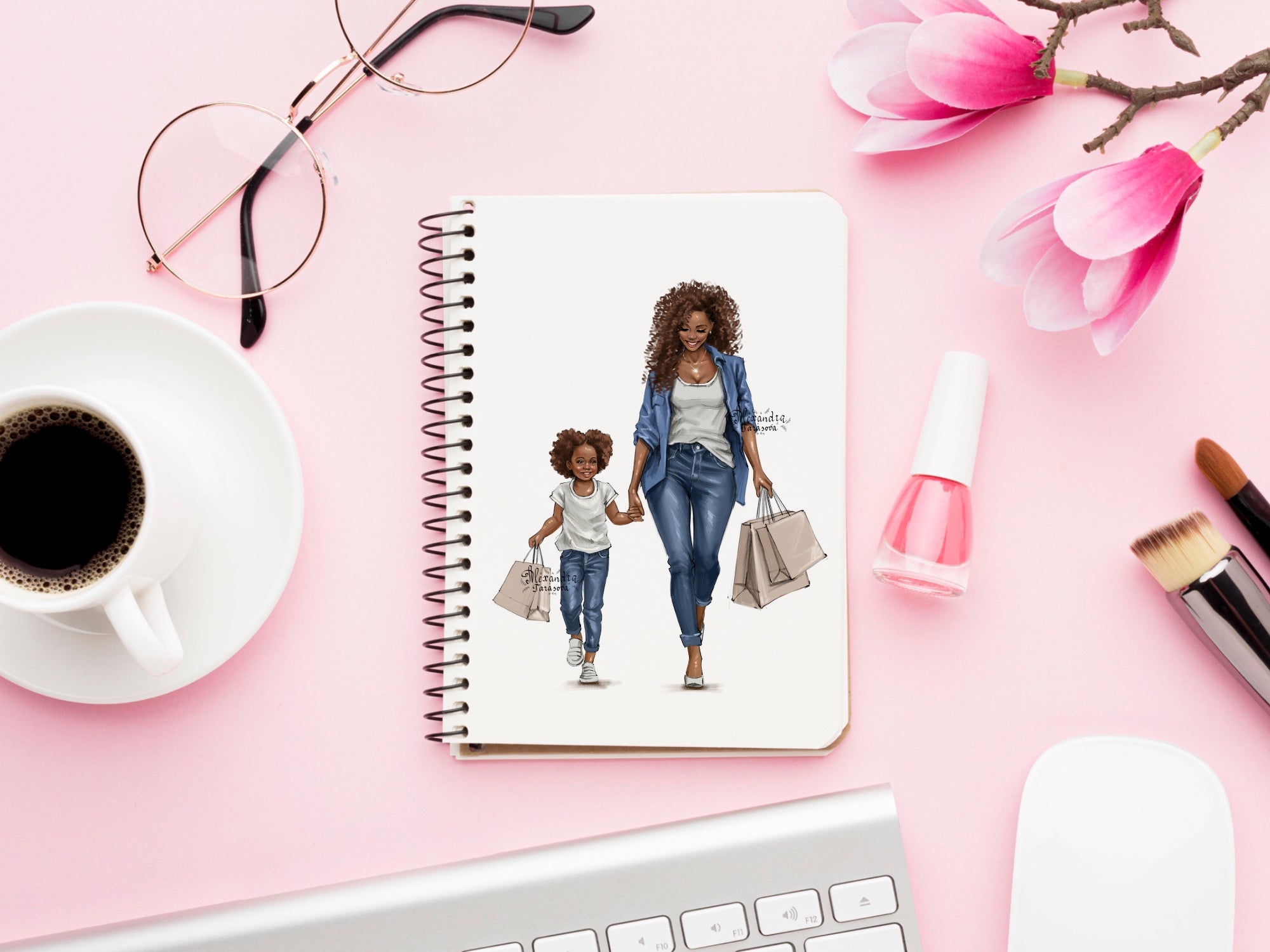 Digital Watercolor Illustration Fashion Mother Clipart Blue Jeans White T-shirt Printable Art Hand Drawn Sketch Planner Design