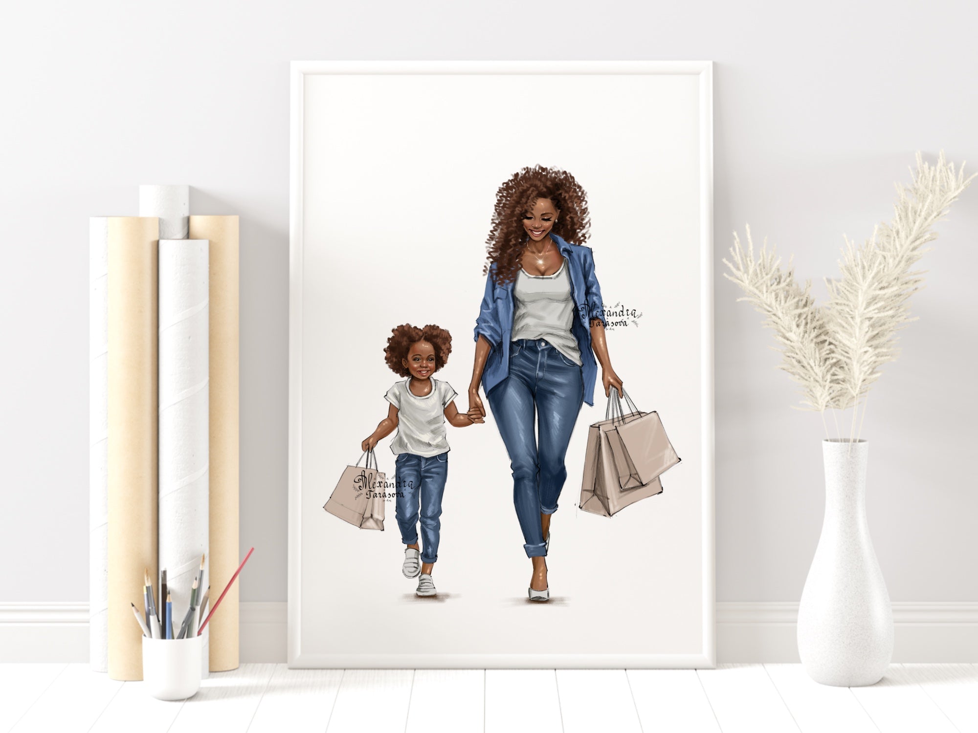 Digital Watercolor Illustration Fashion Mother Clipart Blue Jeans White T-shirt Printable Art Hand Drawn Sketch Planner Design
