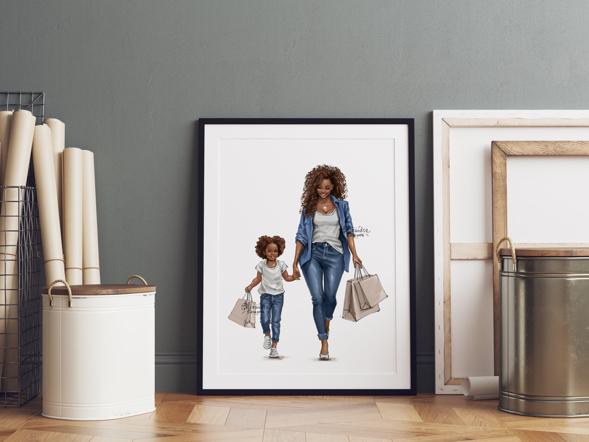 Digital Watercolor Illustration Fashion Mother Clipart Blue Jeans White T-shirt Printable Art Hand Drawn Sketch Planner Design
