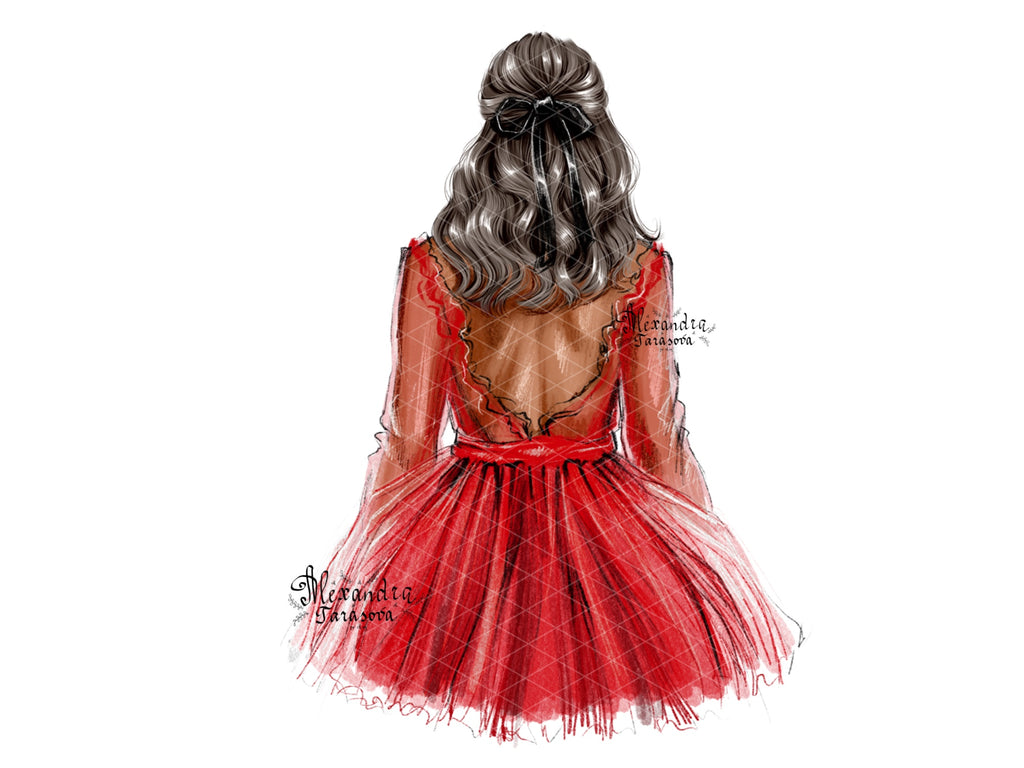 Digital Watercolor Illustration Fashion Girl Red Dress African American Woman Png Files Printable Art Black Ribbon Clipart Stickers