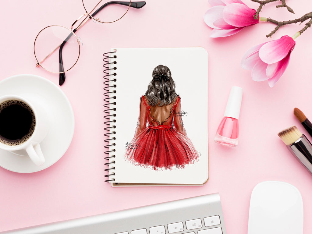 Digital Watercolor Illustration Fashion Girl Red Dress African American Woman Png Files Printable Art Black Ribbon Clipart Stickers