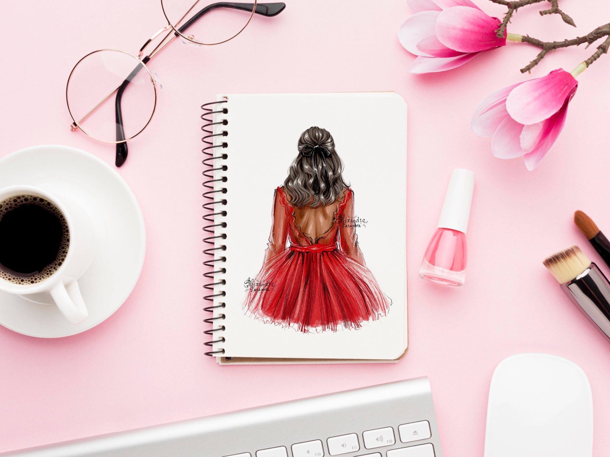 Digital Watercolor Illustration Fashion Girl Red Dress African American Woman Png Files Printable Art Black Ribbon Clipart Stickers