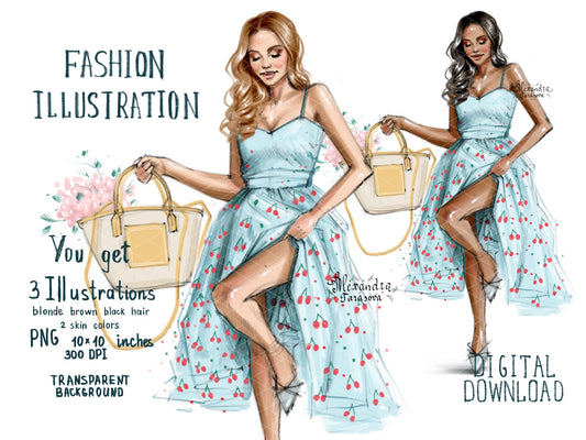 Digital Watercolor Illustration Drawing Sketch Summer Flowers Fashion Girl Black Girl Clipart Blue Dress Printable Art Beauty Girl