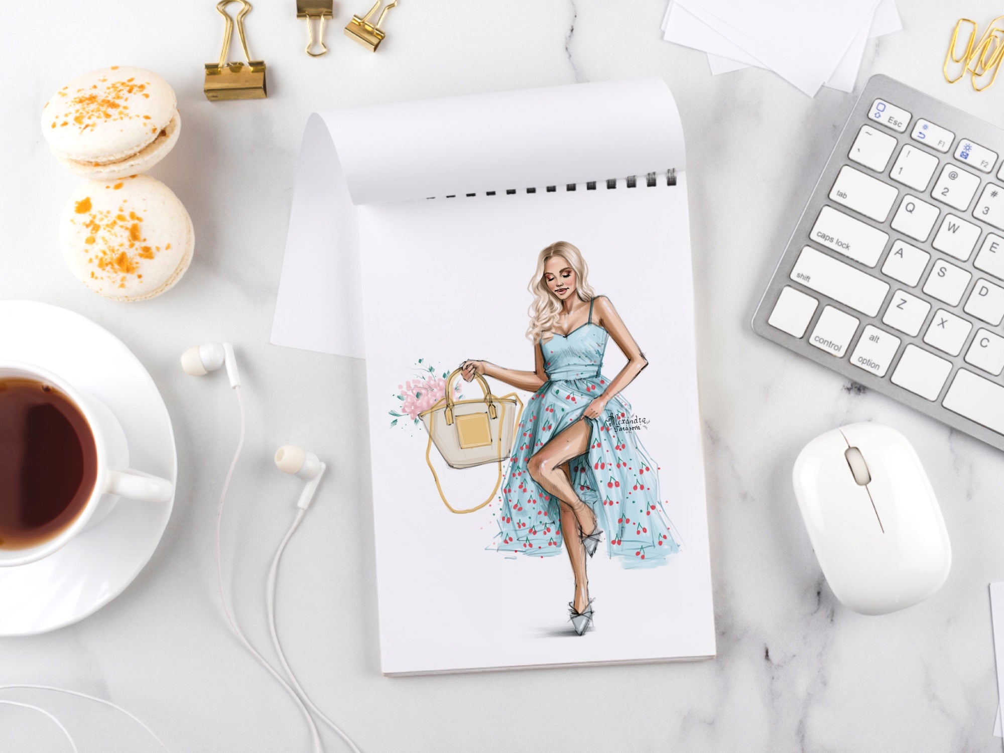 Digital Watercolor Illustration Drawing Sketch Summer Flowers Fashion Girl Black Girl Clipart Blue Dress Printable Art Beauty Girl