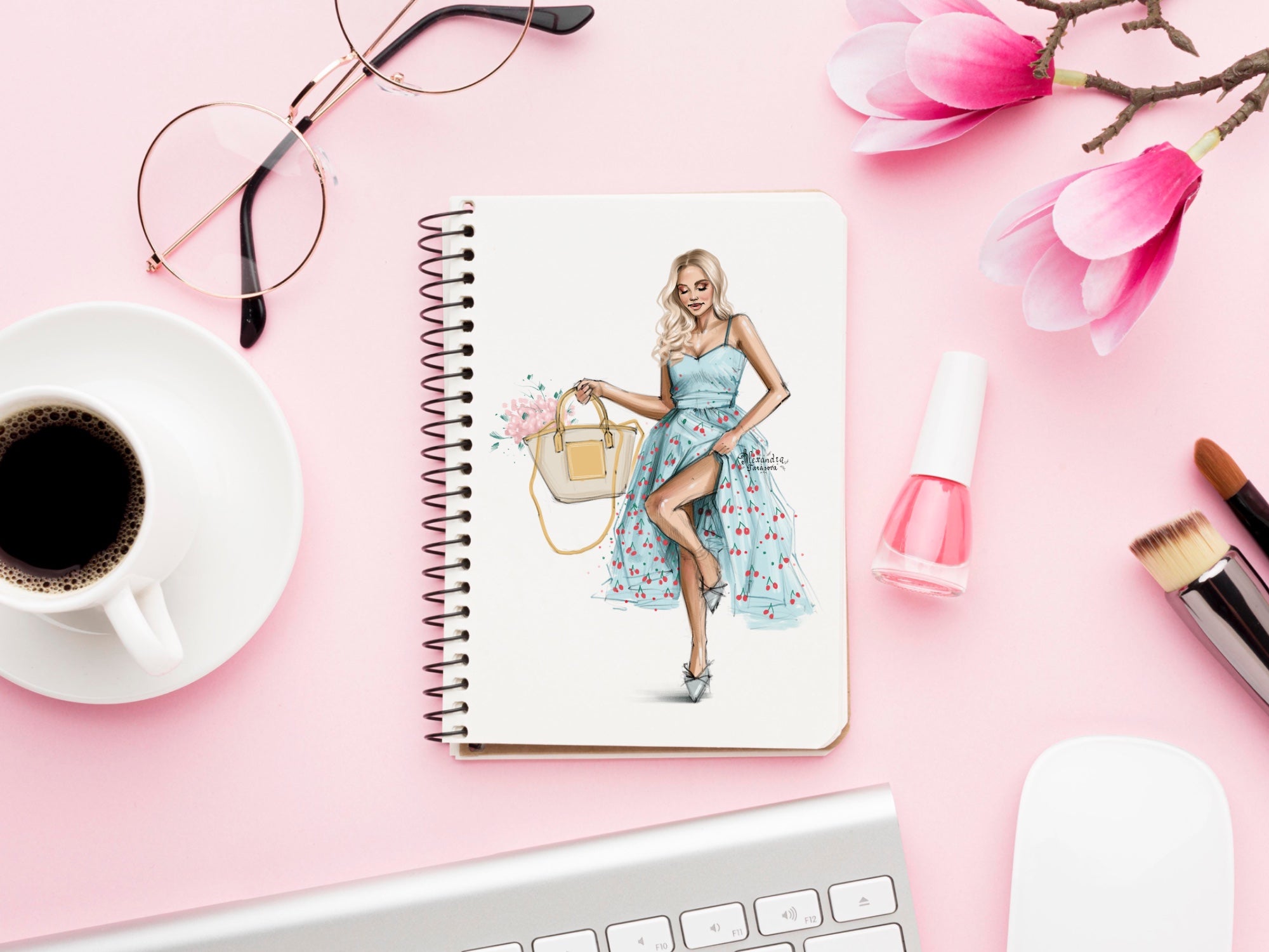 Digital Watercolor Illustration Drawing Sketch Summer Flowers Fashion Girl Black Girl Clipart Blue Dress Printable Art Beauty Girl