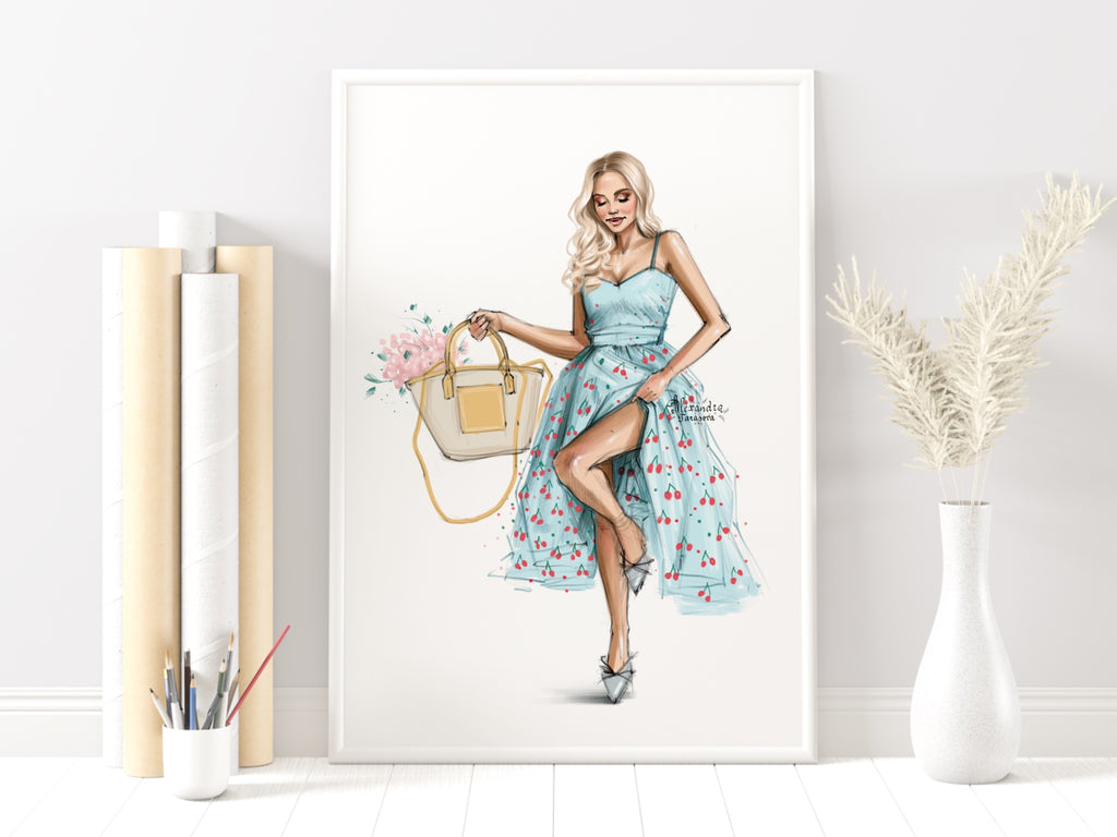 Digital Watercolor Illustration Drawing Sketch Summer Flowers Fashion Girl Black Girl Clipart Blue Dress Printable Art Beauty Girl
