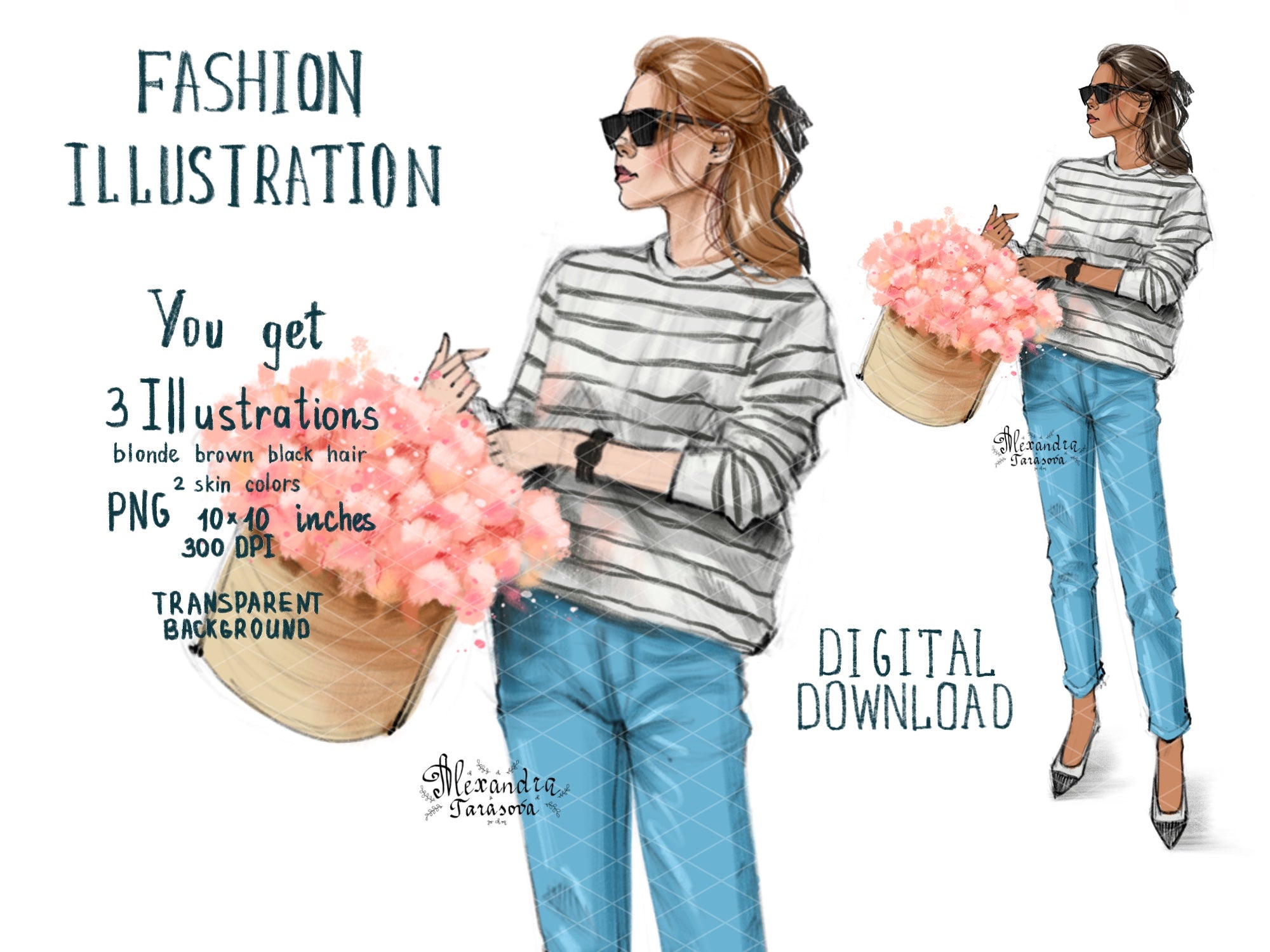 Fashion Illustration Digital Art Hand Drawn Illustration Summer Flowers Printable Art Blue Jeans Black Girl Clipart Png Files