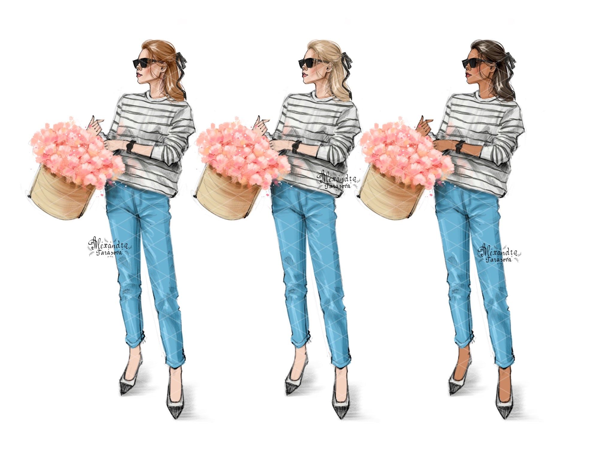 Fashion Illustration Digital Art Hand Drawn Illustration Summer Flowers Printable Art Blue Jeans Black Girl Clipart Png Files