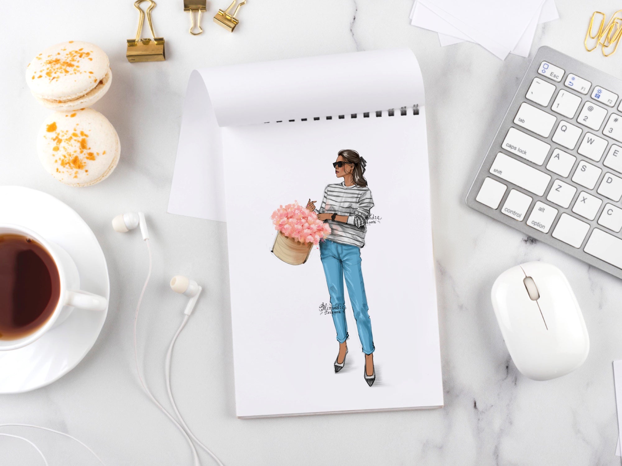 Fashion Illustration Digital Art Hand Drawn Illustration Summer Flowers Printable Art Blue Jeans Black Girl Clipart Png Files