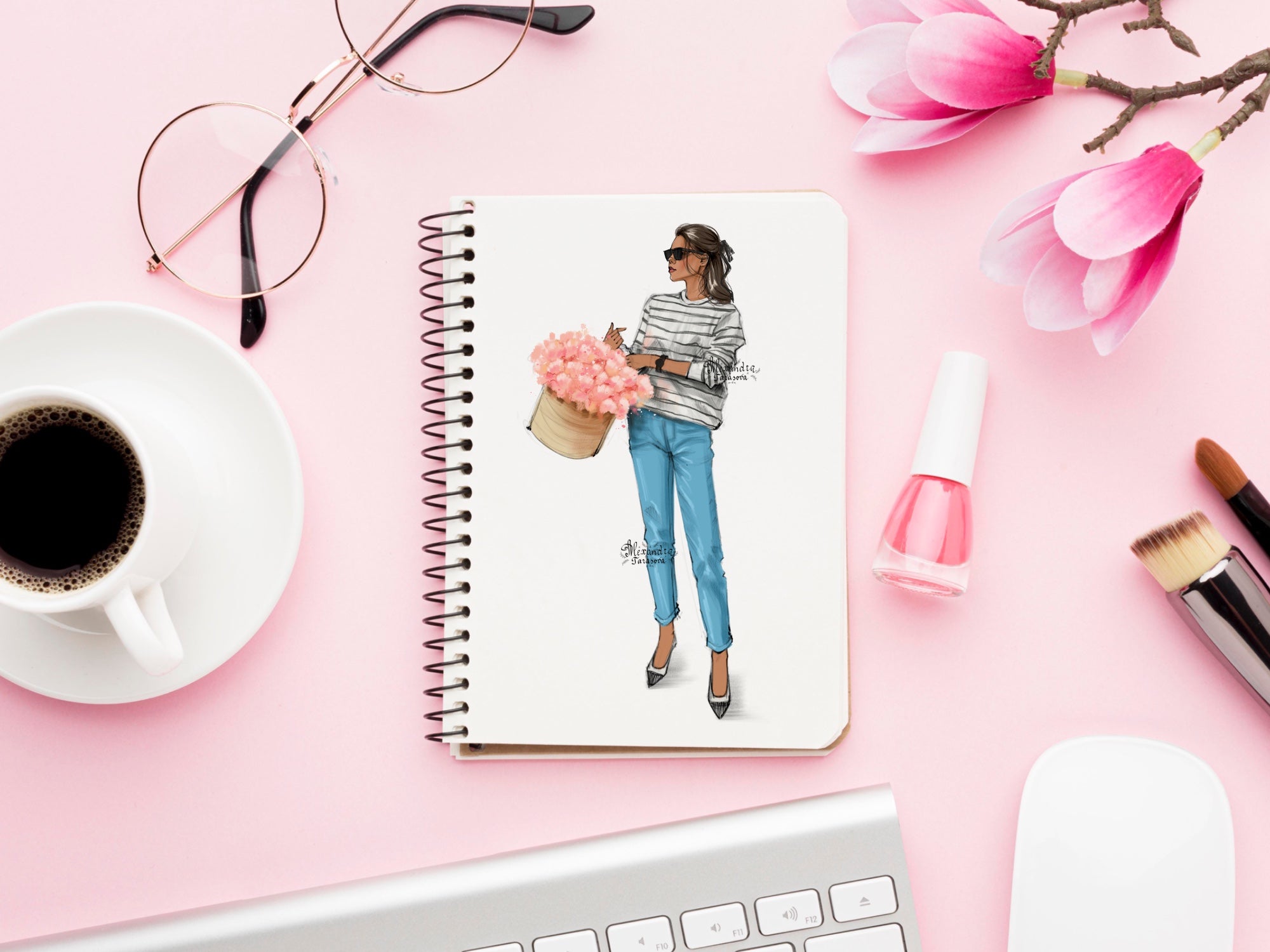 Fashion Illustration Digital Art Hand Drawn Illustration Summer Flowers Printable Art Blue Jeans Black Girl Clipart Png Files