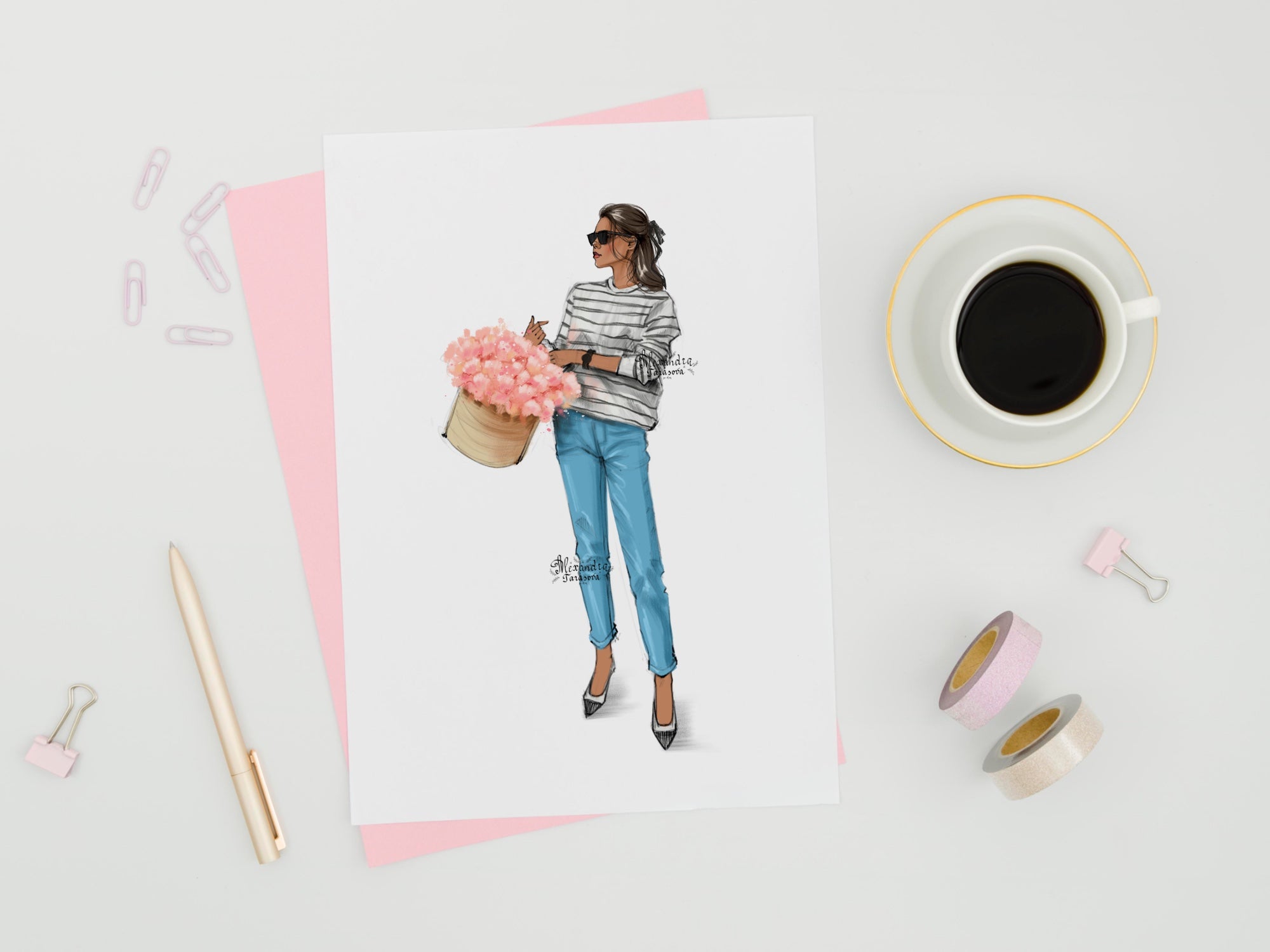 Fashion Illustration Digital Art Hand Drawn Illustration Summer Flowers Printable Art Blue Jeans Black Girl Clipart Png Files