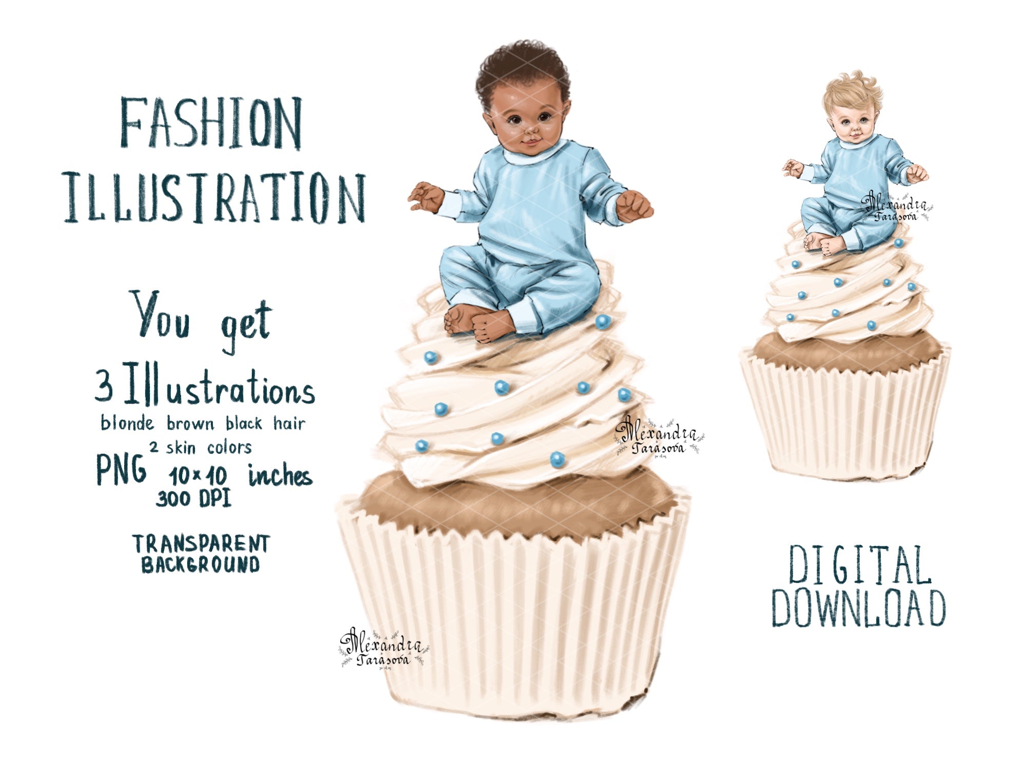 Digital Watercolor Illustration Baby Doll Baby Boy Clipart Fashion Cupcake Printable Art Baby Shower Png Files Stickers Blue
