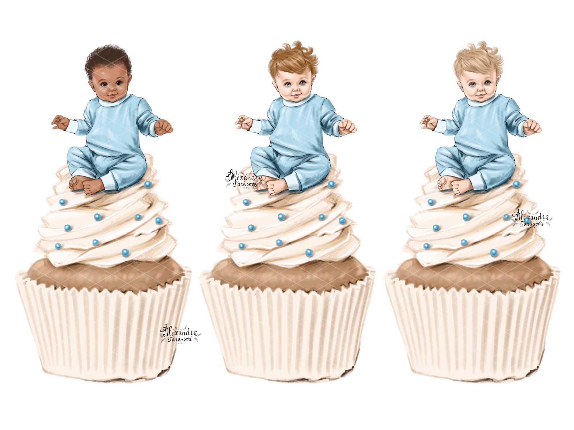 Digital Watercolor Illustration Baby Doll Baby Boy Clipart Fashion Cupcake Printable Art Baby Shower Png Files Stickers Blue