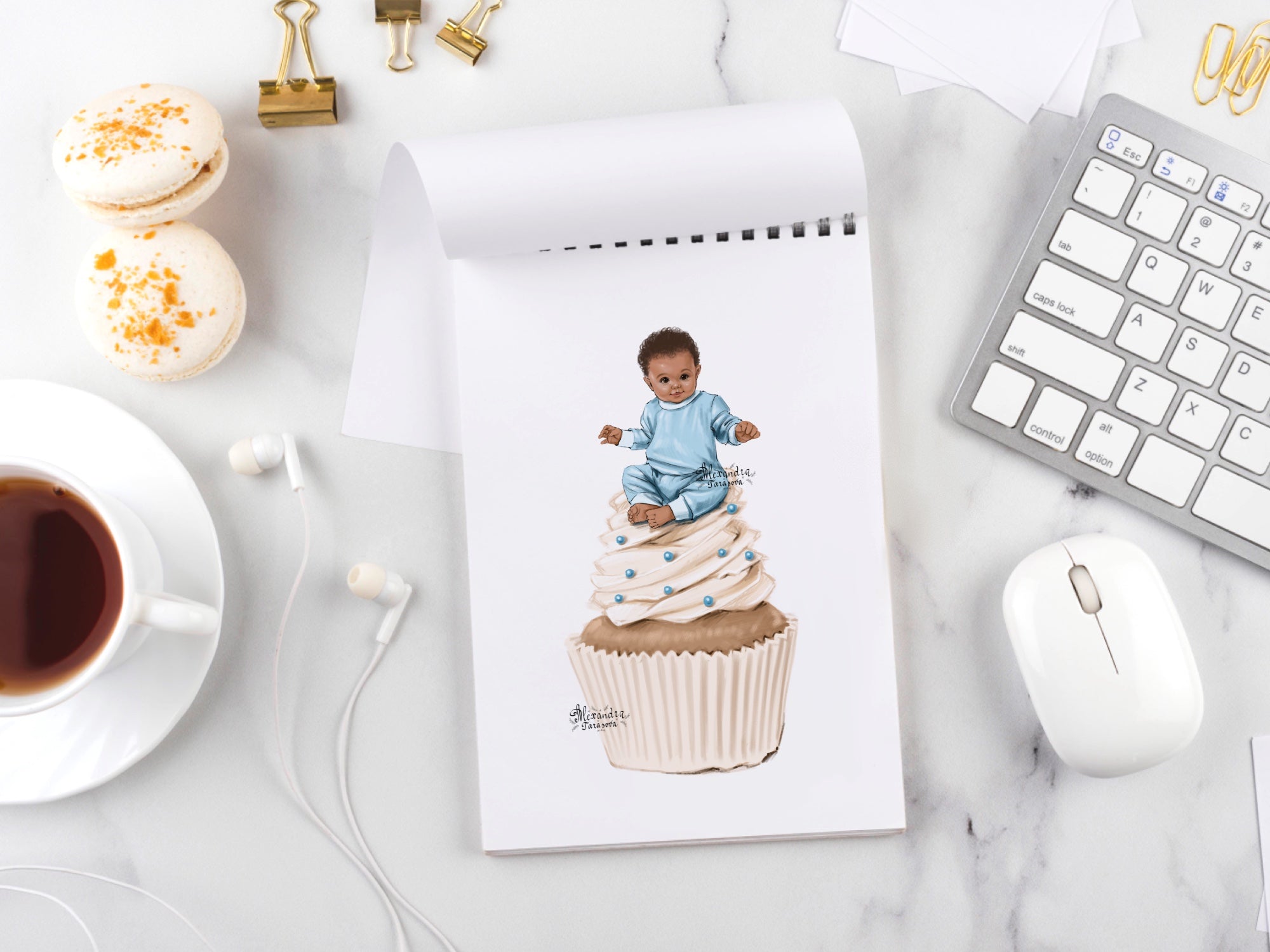 Digital Watercolor Illustration Baby Doll Baby Boy Clipart Fashion Cupcake Printable Art Baby Shower Png Files Stickers Blue