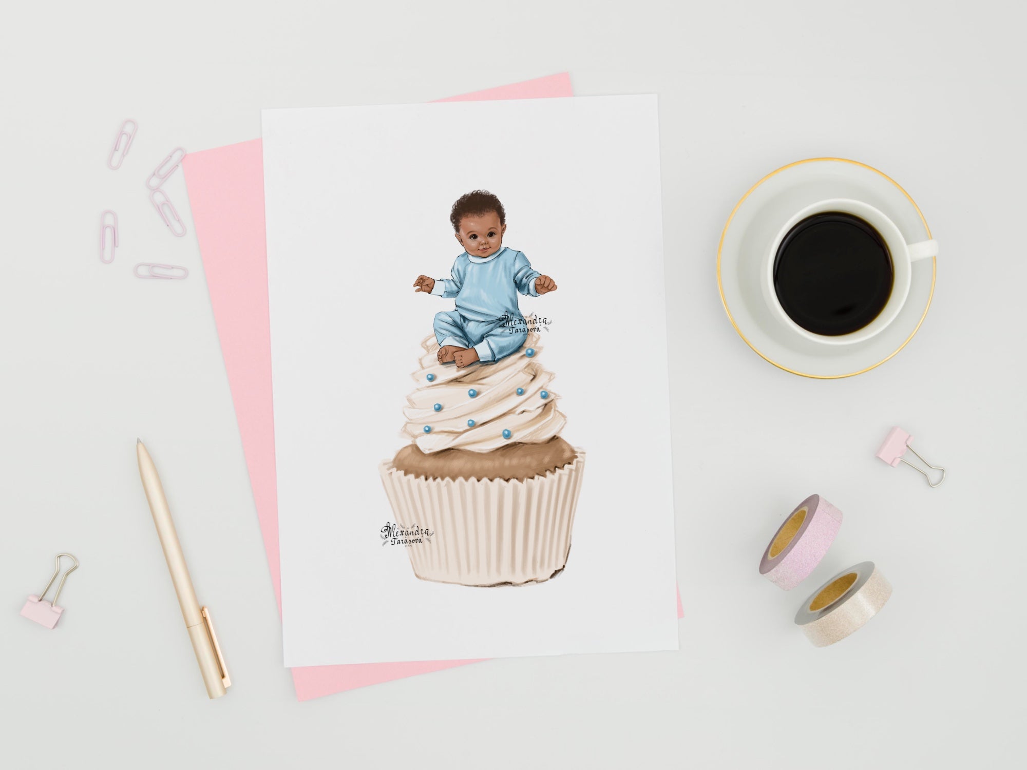 Digital Watercolor Illustration Baby Doll Baby Boy Clipart Fashion Cupcake Printable Art Baby Shower Png Files Stickers Blue