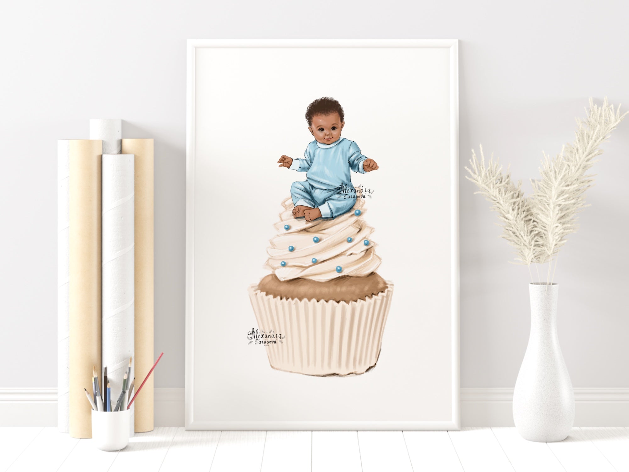 Digital Watercolor Illustration Baby Doll Baby Boy Clipart Fashion Cupcake Printable Art Baby Shower Png Files Stickers Blue