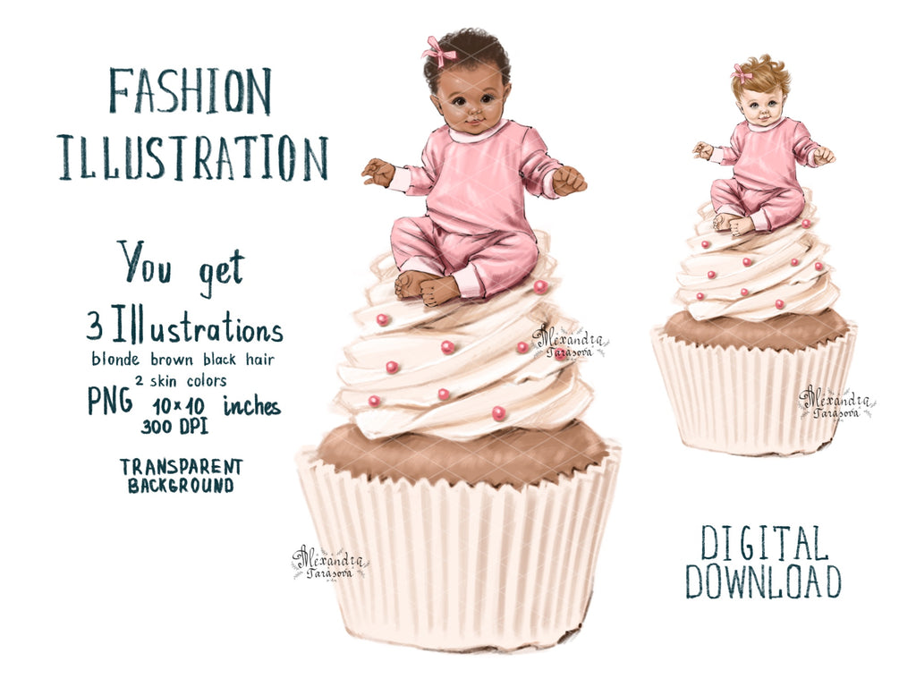 Digital Watercolor Illustration Baby Girl Black Baby Clipart Pink Ribbon Fashion Cupcake Printable Art Baby Shower Clipart Stickers