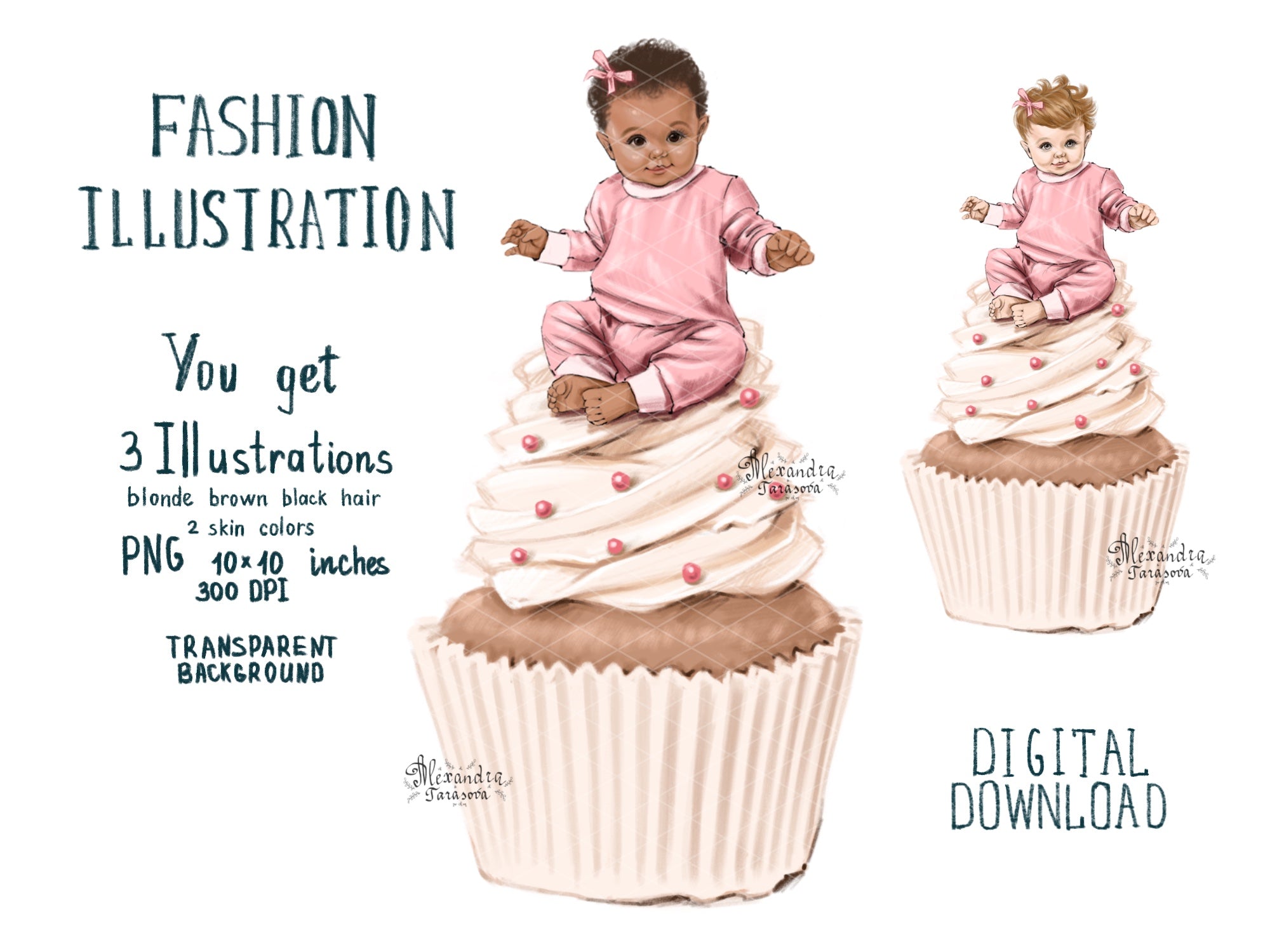 Digital Watercolor Illustration Baby Girl Black Baby Clipart Pink Ribbon Fashion Cupcake Printable Art Baby Shower Clipart Stickers