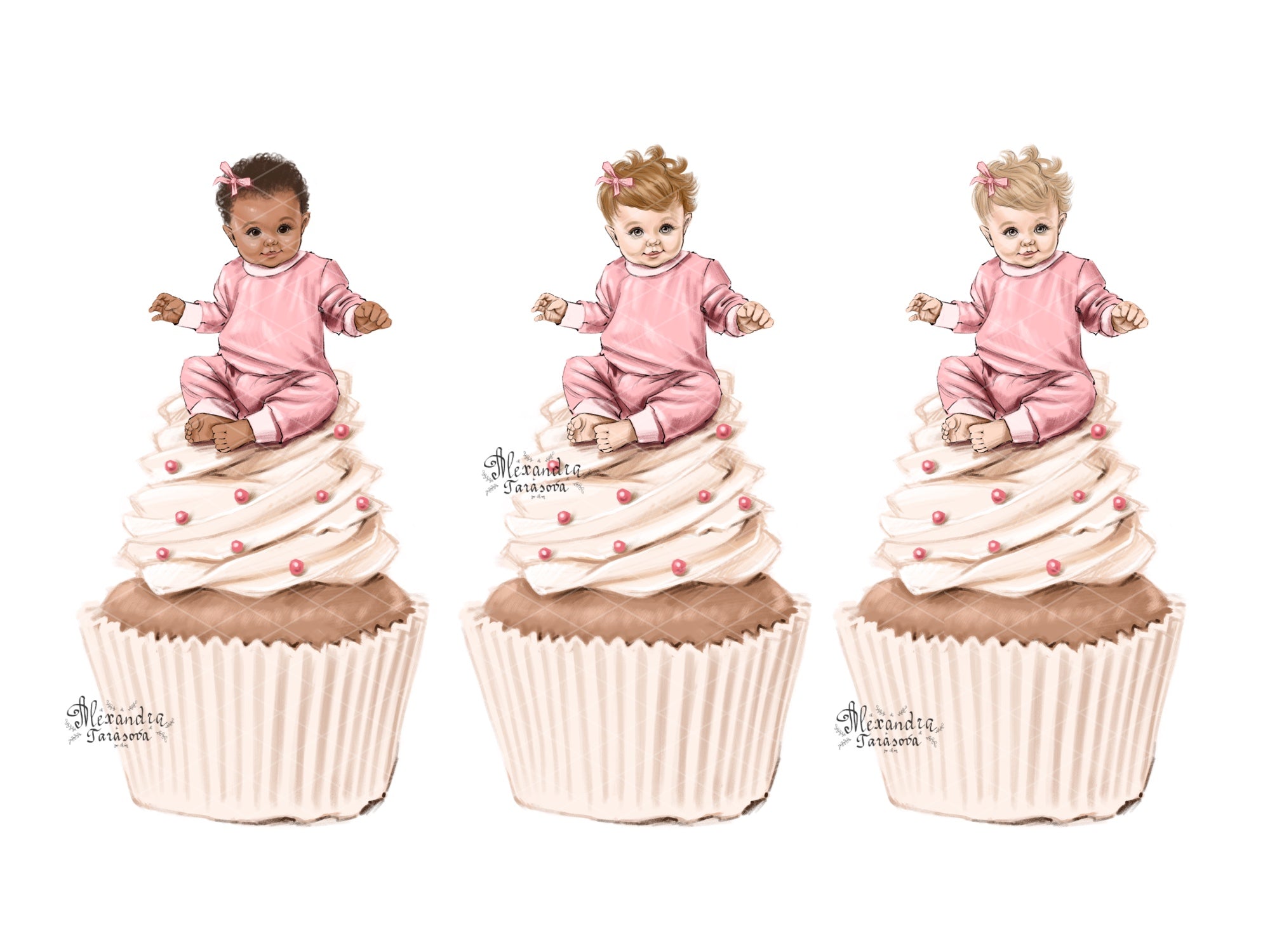 Digital Watercolor Illustration Baby Girl Black Baby Clipart Pink Ribbon Fashion Cupcake Printable Art Baby Shower Clipart Stickers