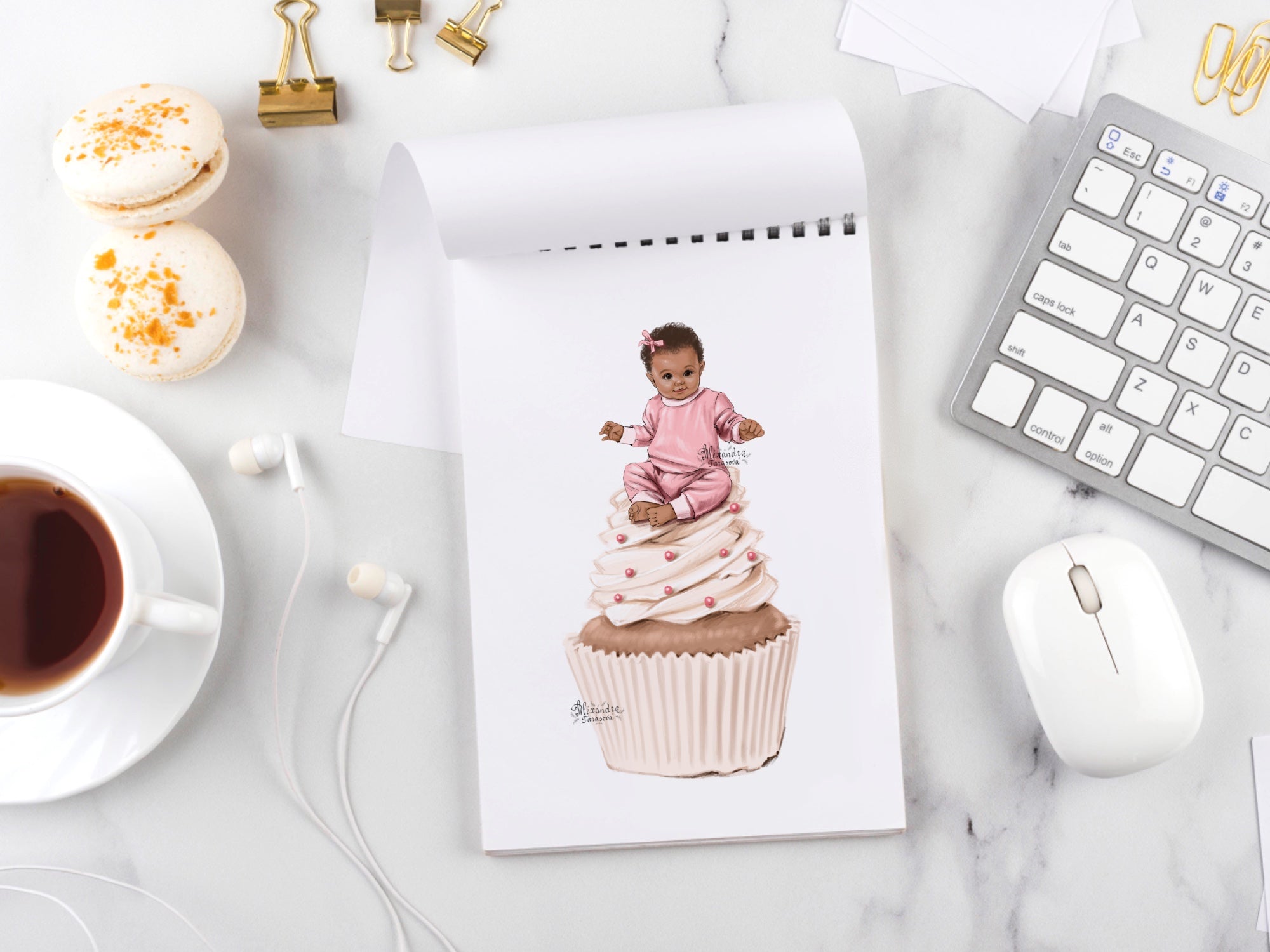 Digital Watercolor Illustration Baby Girl Black Baby Clipart Pink Ribbon Fashion Cupcake Printable Art Baby Shower Clipart Stickers