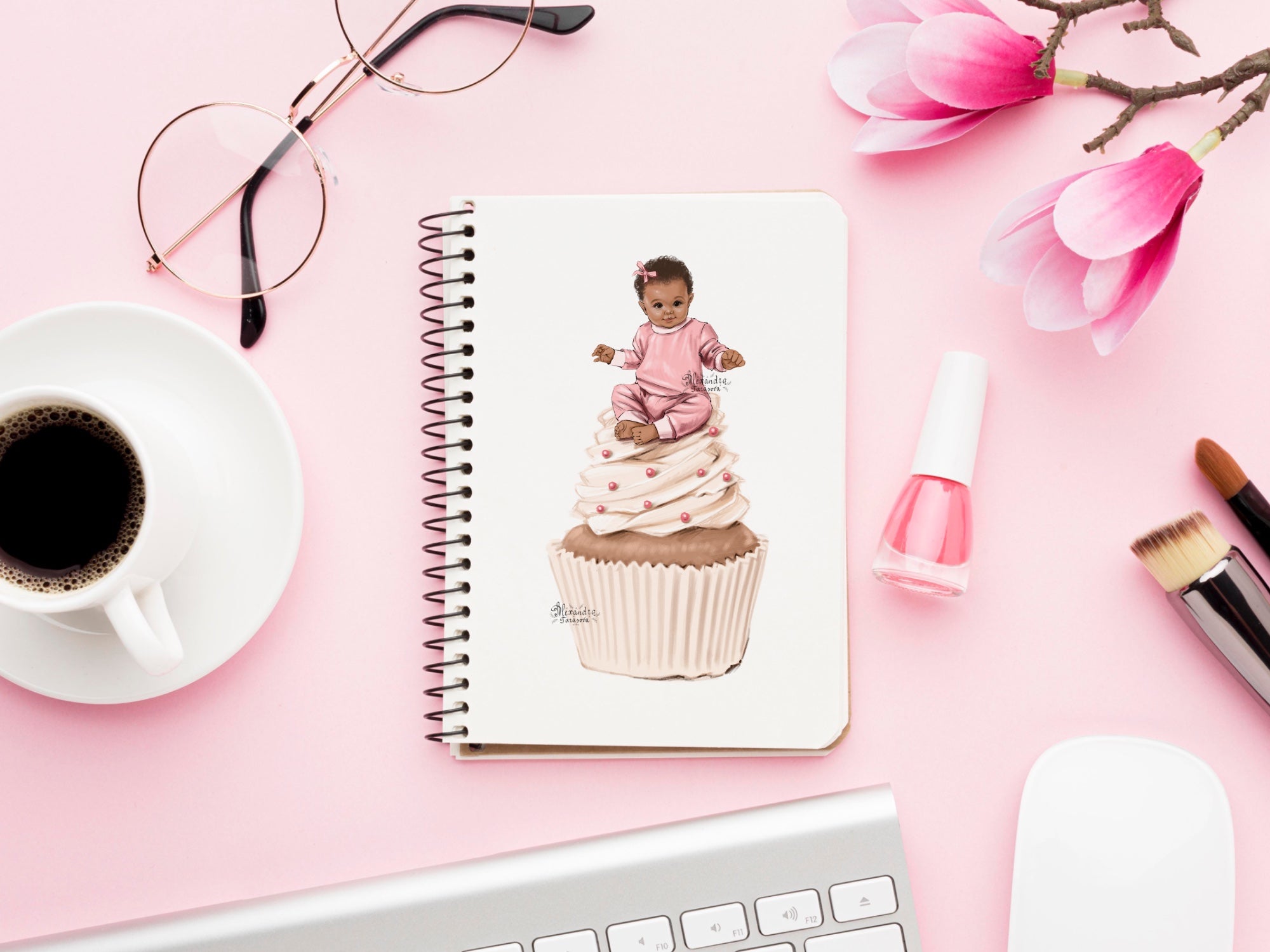 Digital Watercolor Illustration Baby Girl Black Baby Clipart Pink Ribbon Fashion Cupcake Printable Art Baby Shower Clipart Stickers