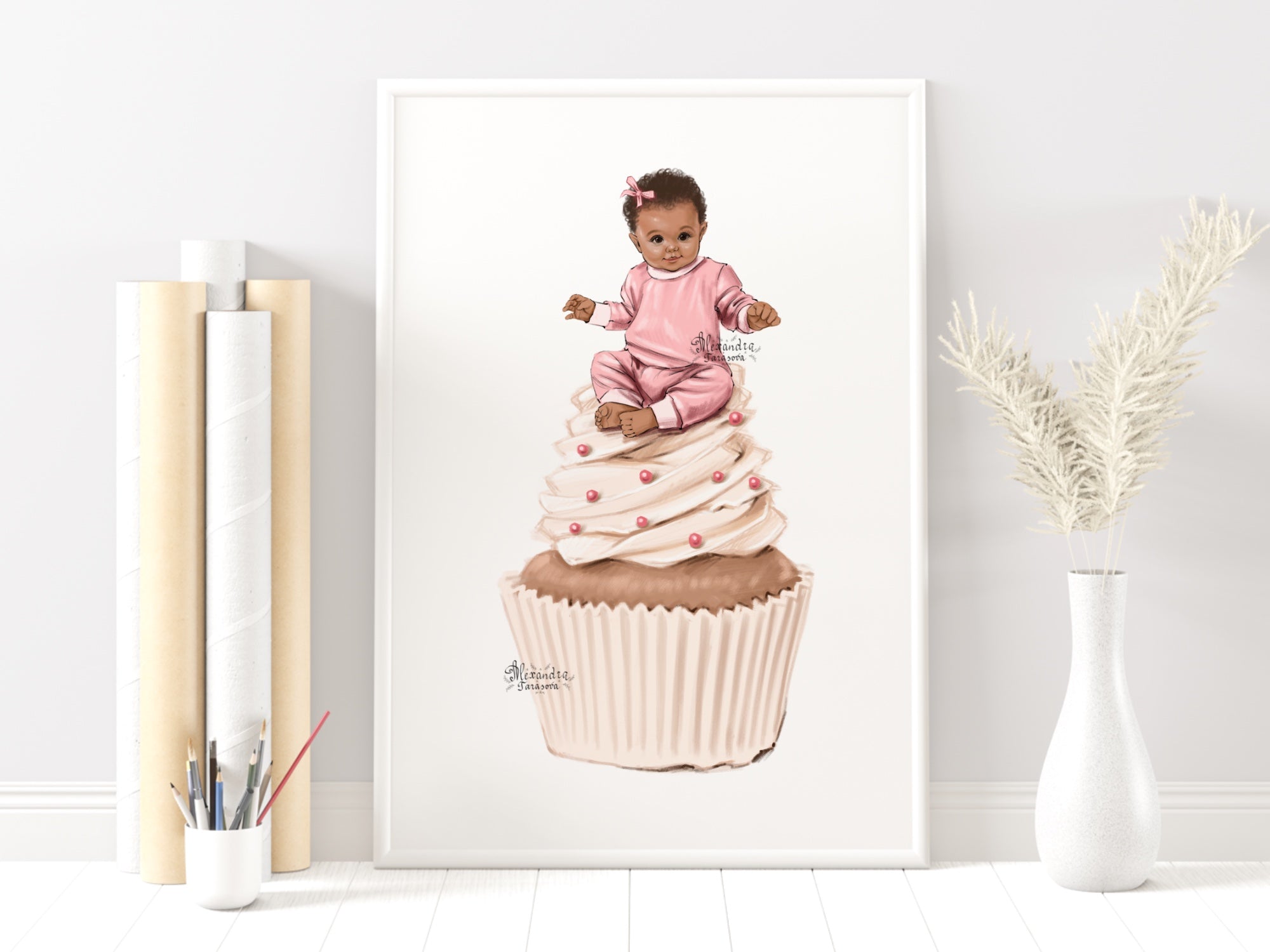 Digital Watercolor Illustration Baby Girl Black Baby Clipart Pink Ribbon Fashion Cupcake Printable Art Baby Shower Clipart Stickers