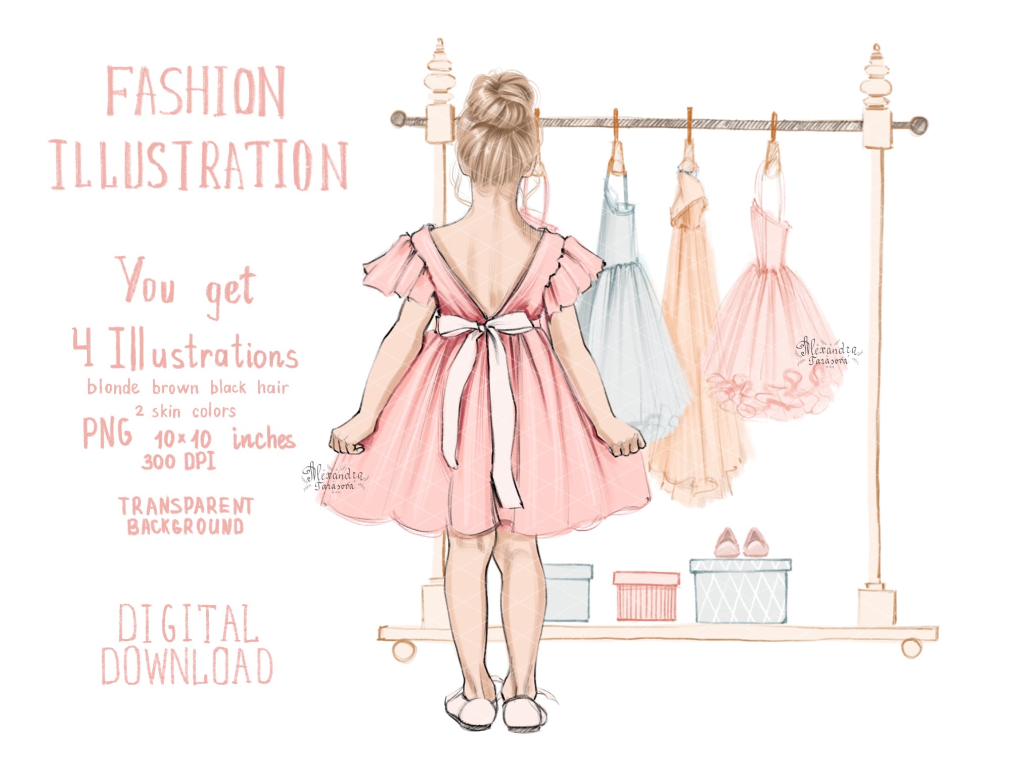 Digital Watercolor Illustration Little Princess Pink Dress Fashion Wardrobe Beauty Girl Printable Art Fashion Illustration Clipart Stickers