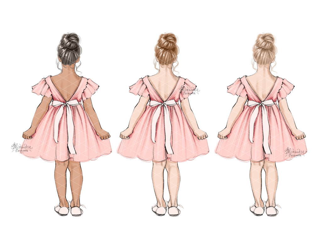 Digital Watercolor Illustration Little Princess Pink Dress Fashion Wardrobe Beauty Girl Printable Art Fashion Illustration Clipart Stickers