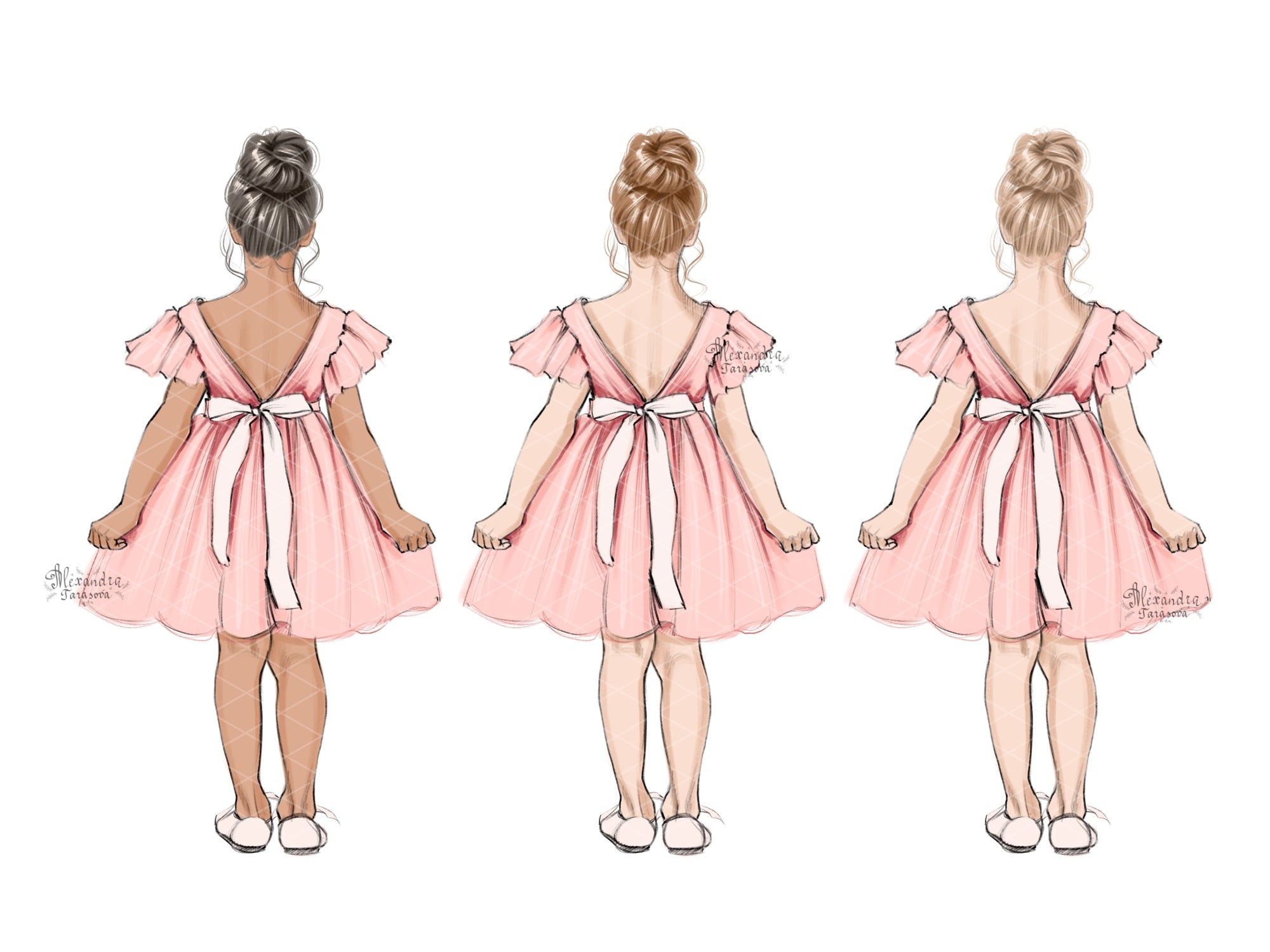 Digital Watercolor Illustration Little Princess Pink Dress Fashion Wardrobe Beauty Girl Printable Art Fashion Illustration Clipart Stickers