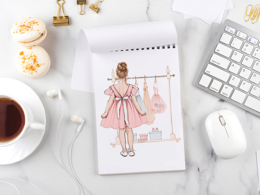 Digital Watercolor Illustration Little Princess Pink Dress Fashion Wardrobe Beauty Girl Printable Art Fashion Illustration Clipart Stickers
